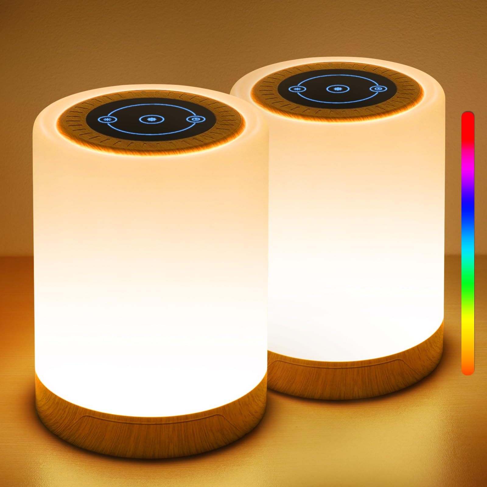 REYLAX Juego de 2 Lámpara de Mesita de Noche Táctil Regulable, RGB Cambio de Color Lámpara de Mesa LED Cálida, Luz Nocturna LED sin Cable, Temporizador, Función de Memoria, para Dormitorio Salón