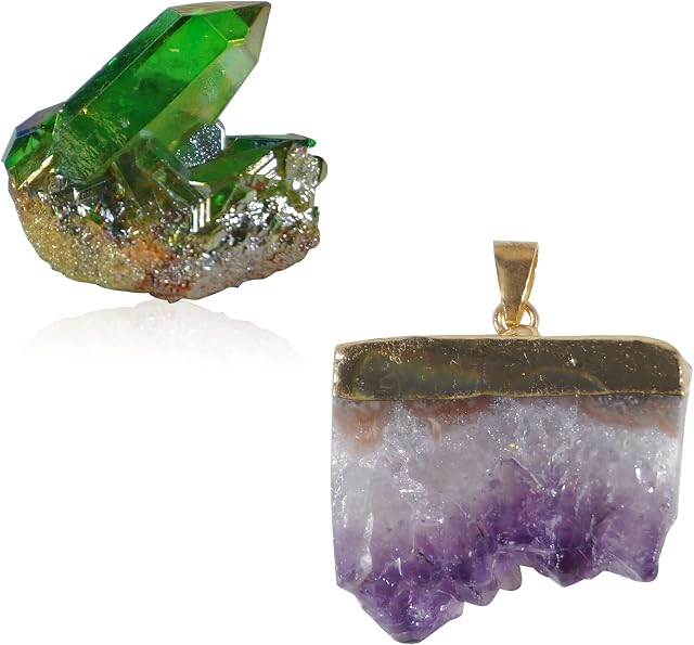 Soulnioi Healing Crystal Natural Amethyst Crystal Slice with Gold Head Pendant 1Pcs Green Electroplated Crystal Irregular Crystal 10-25g for Reiki Meditation Decoration