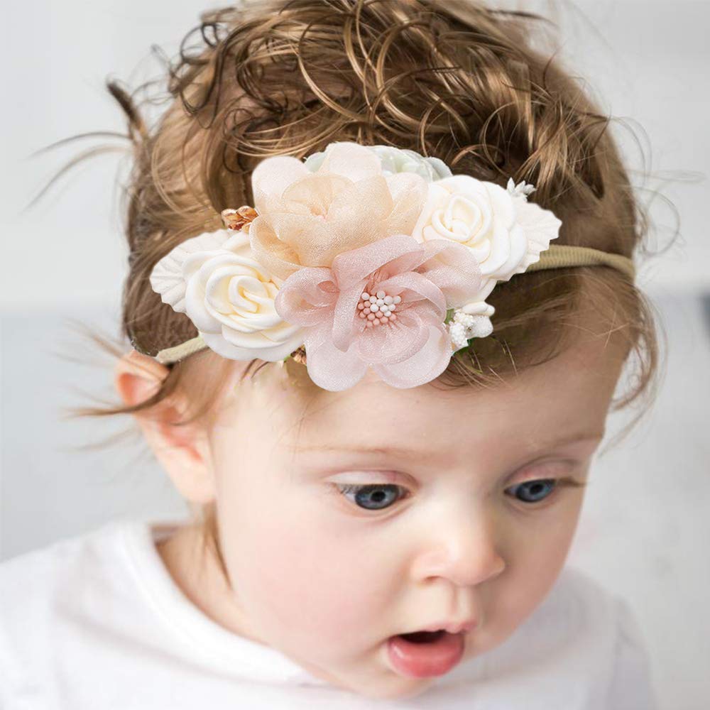 cherrboll 3 diademas de flores para bebé, súper suaves y elásticas, de nailon, para recién nacidas