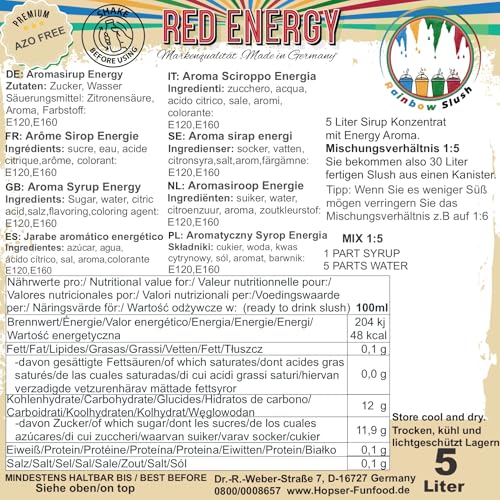 Rainbow Slush Sirup AZO FREI | Geschmack Red Energy | Konzentrat für Slushy Maker Eis Slushmaschinen Eismaschinen Getränke 1:5 – Bild 3