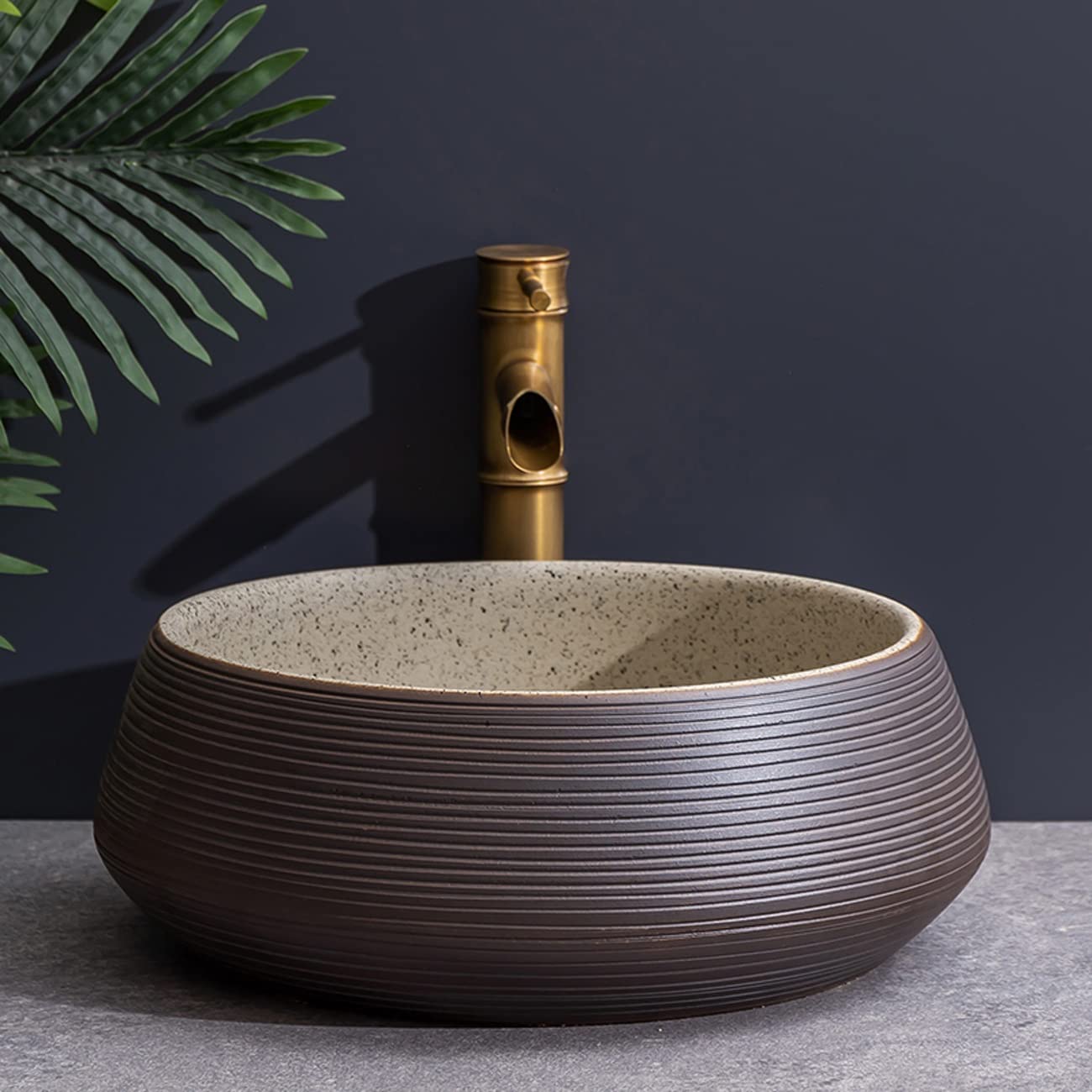 Okrągła Umywalka Nablatowa, Minimalistyczna Porcelanowa Umywalka Łazienkowa Nablatowa, Ceramiczna Umywalka Z Baterią W Kształcie Bambusa, O Teksturze Linii