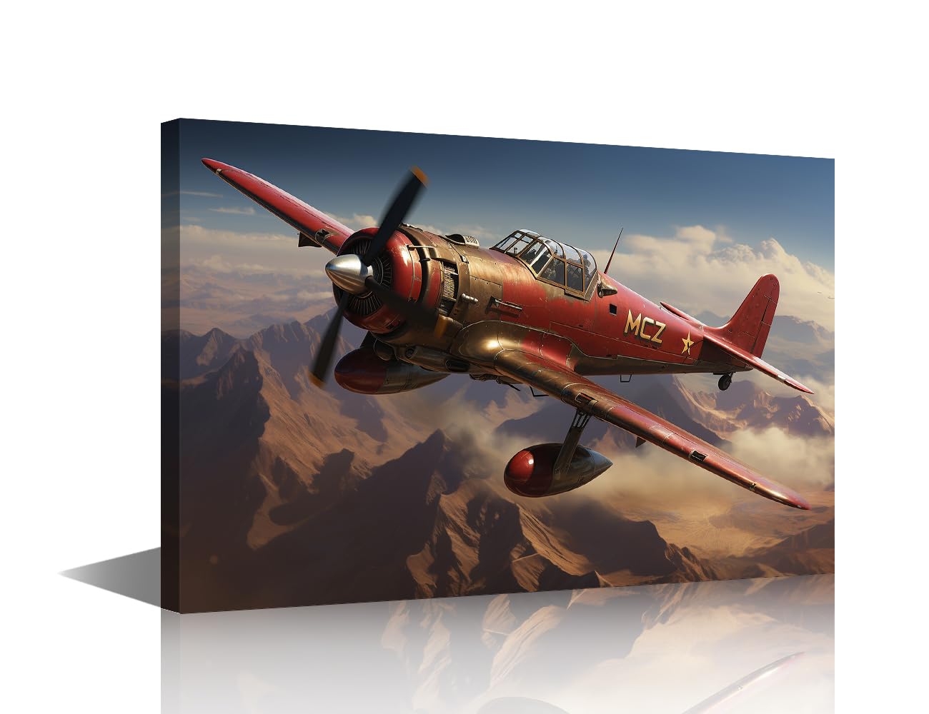 Combat Airplane Wall Art Old Propellerdriven Military Aircraft Poster Prints on Canvas 1 Piece Vintage Aircraft Canvas Wall Decor Home Decoration for Living Room Framed Ready to Hang (24''Wx 36''H)