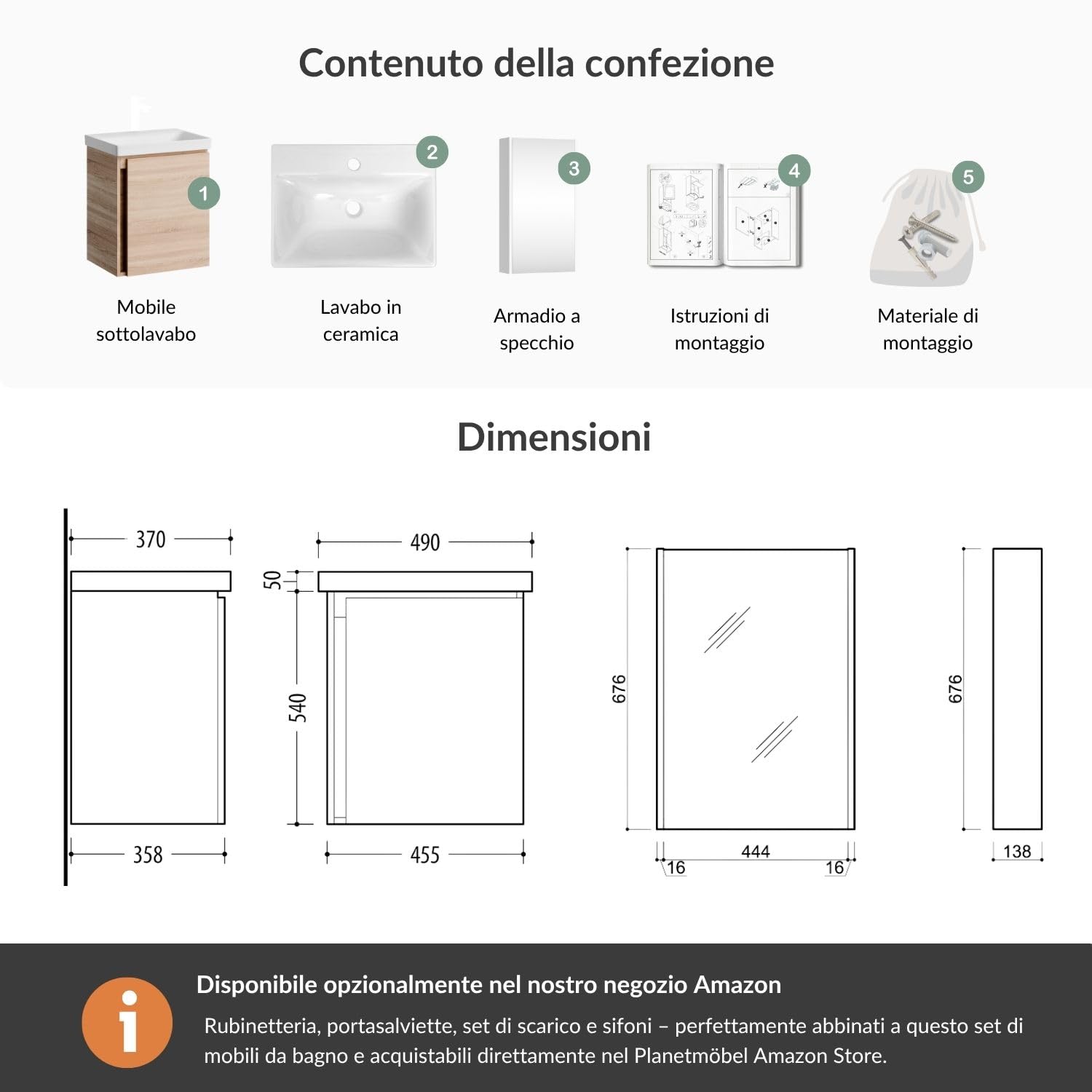 Planetmöbel Lavabo con mobile sottolavabo 50 cm incl. armadio a specchio 50 cm, set di mobili da bagno con lavabo, sospeso, rovere sonoma
