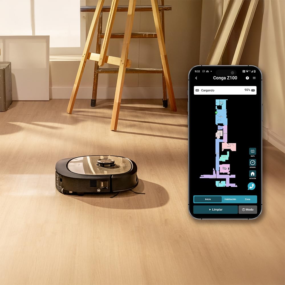 Cecotec Robot Aspirateur et Laveur de Sols avec IA, Base Autovidage et Technologie Laser Conga Z100. 20000Pa, Serpillière Bimatière XXL, Autovidage Poussière, Eau et Nettoyage de Serpilleres, App