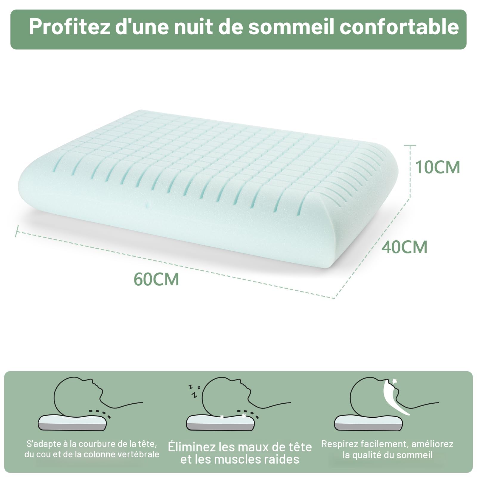 Oreiller Memoire Forme Gel, Oreiller Ergonomique Cervical, Coussin Respirant, Housse Lavable, Douceur Respirante