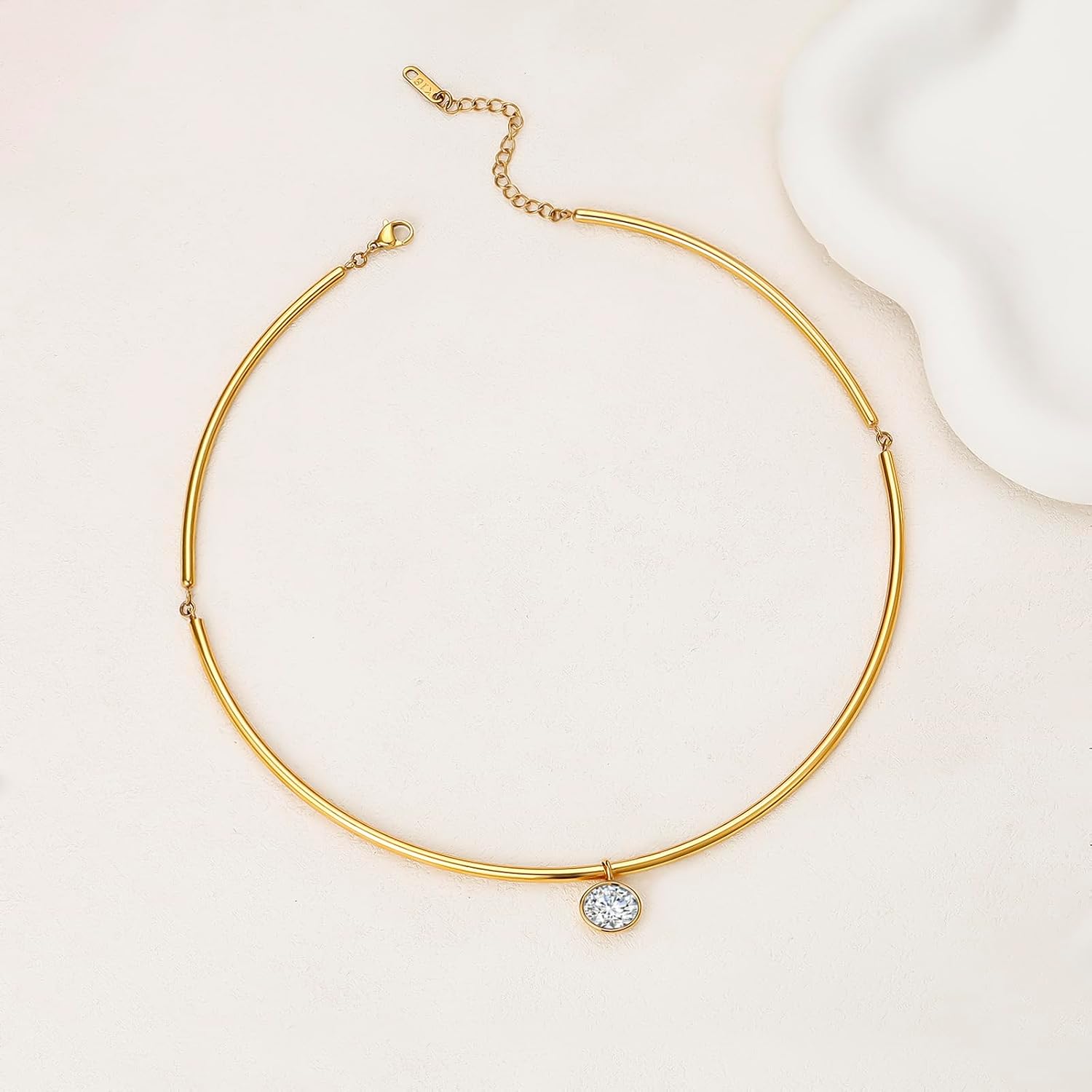 Gold Choker Necklace Gold Collar Necklace with Bezel Charm Chunky Statement Choker CZ Pendant