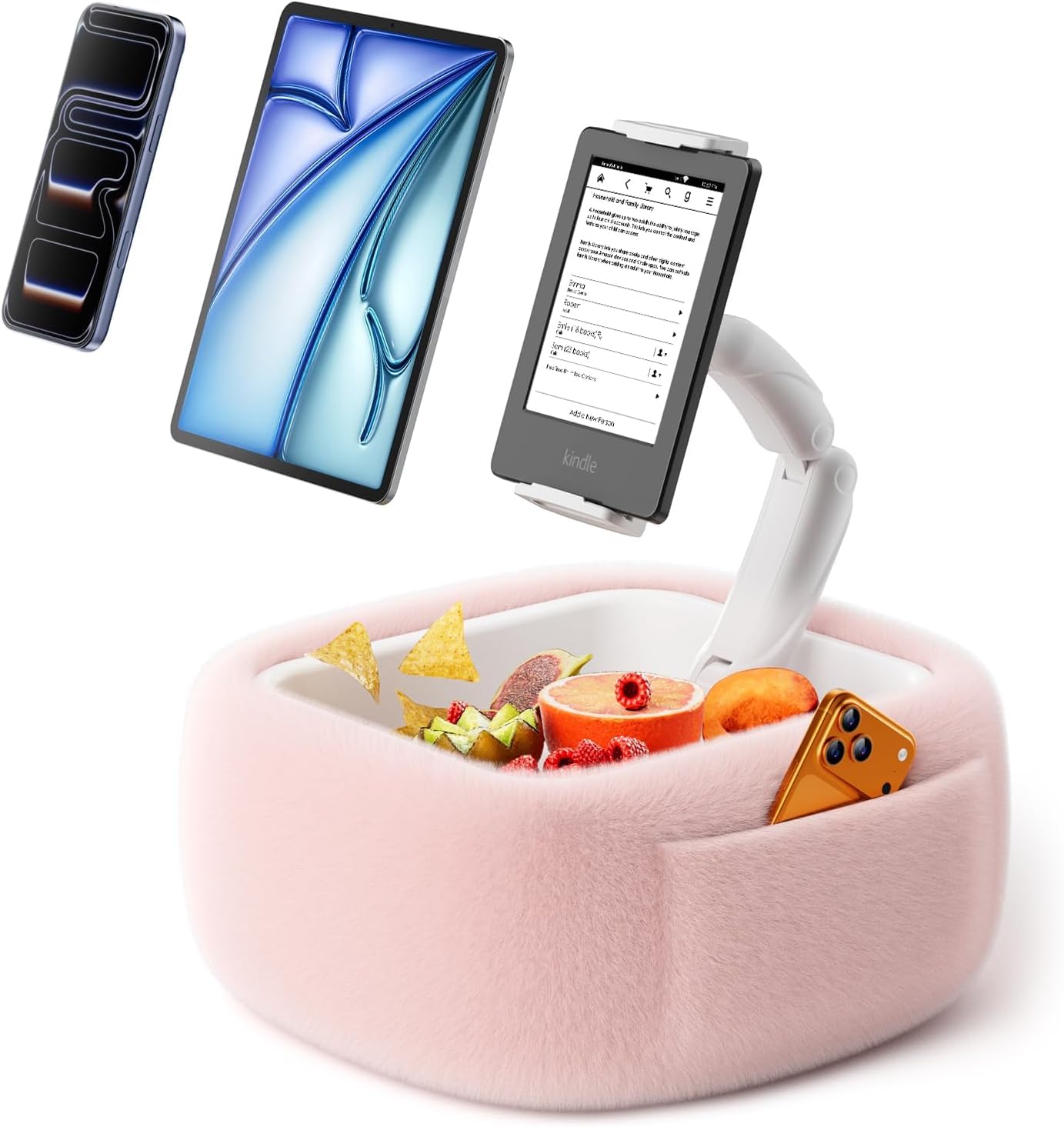 LULULOOK Supporto Cuscino Tablet per Kindle la lettura,supporto da tenere sulle ginocchia con ciotola per snack e braccio pieghevole per iPad,telefono e tablet da 4,7-14,6 pollici per leggere a letto
