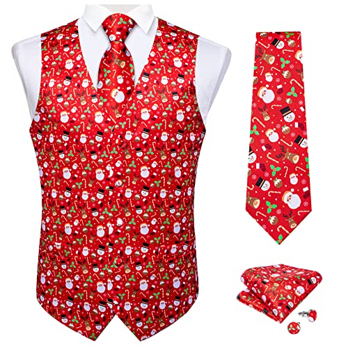 DiBanGu Mens Christmas Suit Vest for Men Holiday Theme Waistcoat Formal Vest and Tie Set with Handkerchief Cufflinks