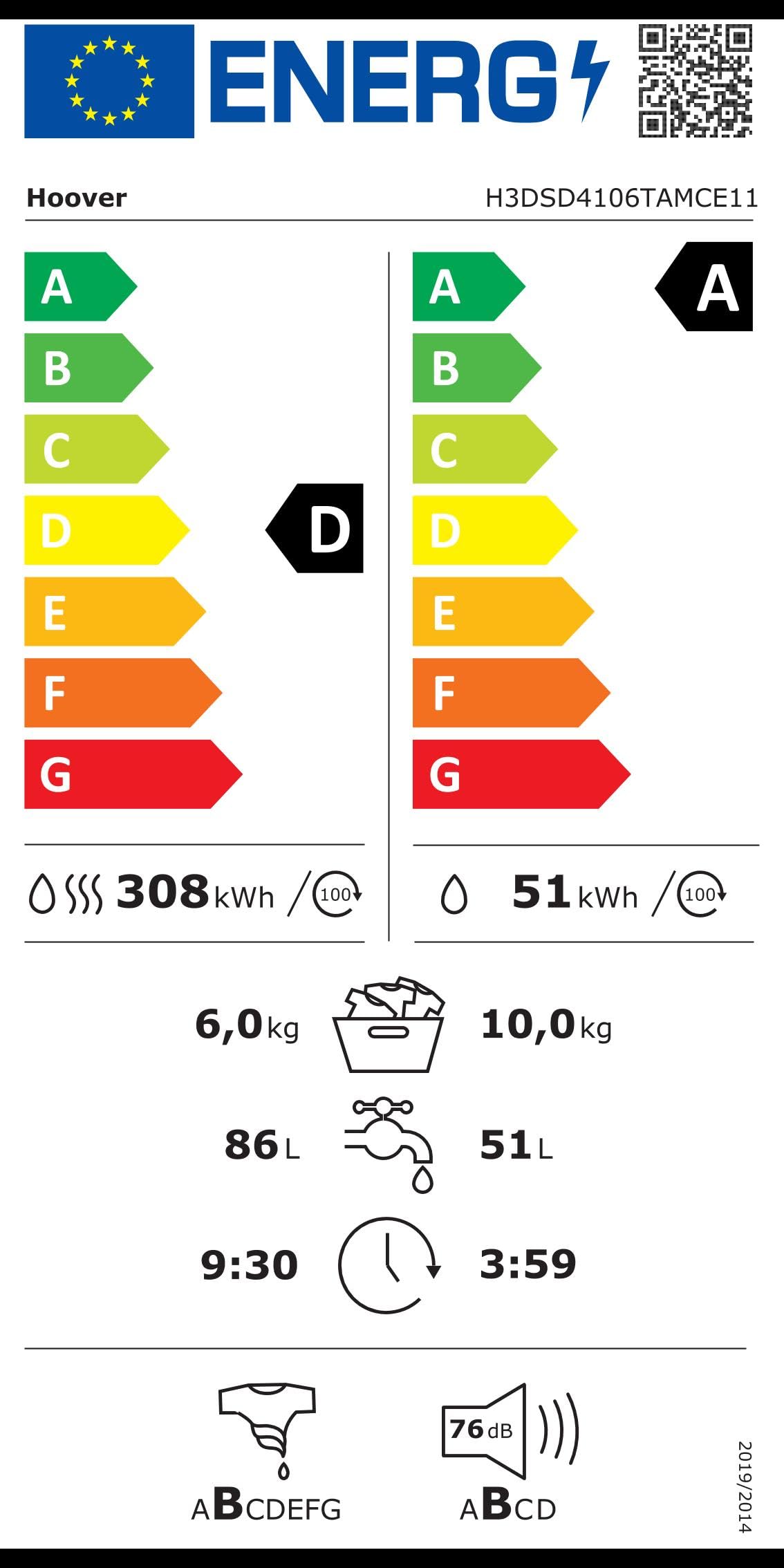 Hoover H3DSD4106TAMCE11 H-Wash&Dry 300 Pro, Lavasciuga 10 Kg, Libera Installazione, Carica Frontale, 1400 Giri, 16 Programmi, Bianca, Funzione Vapore, KG Mode, Classe A [D]