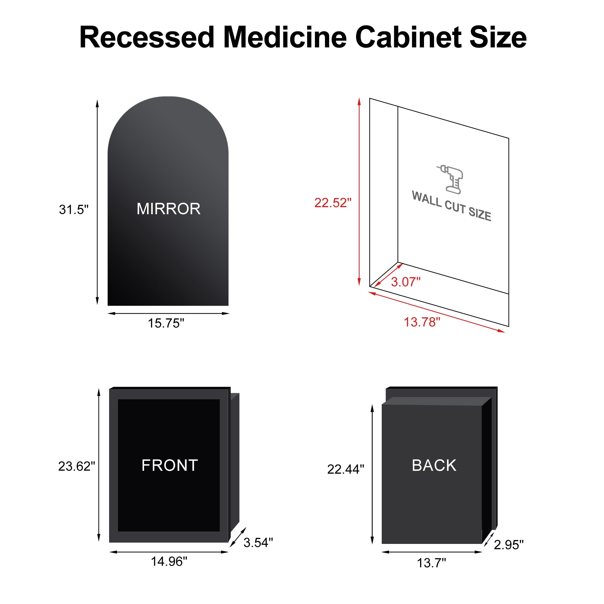 Mepplzian Black Arched Medicine Cabinet With Mirror, Recessed Lighted Medicine Cabinet For Bathroom, Led Bathroom Vanity Mirror with Storage,3-Color Lighted Mirrored Cabinet Wall Mounted With Defogger