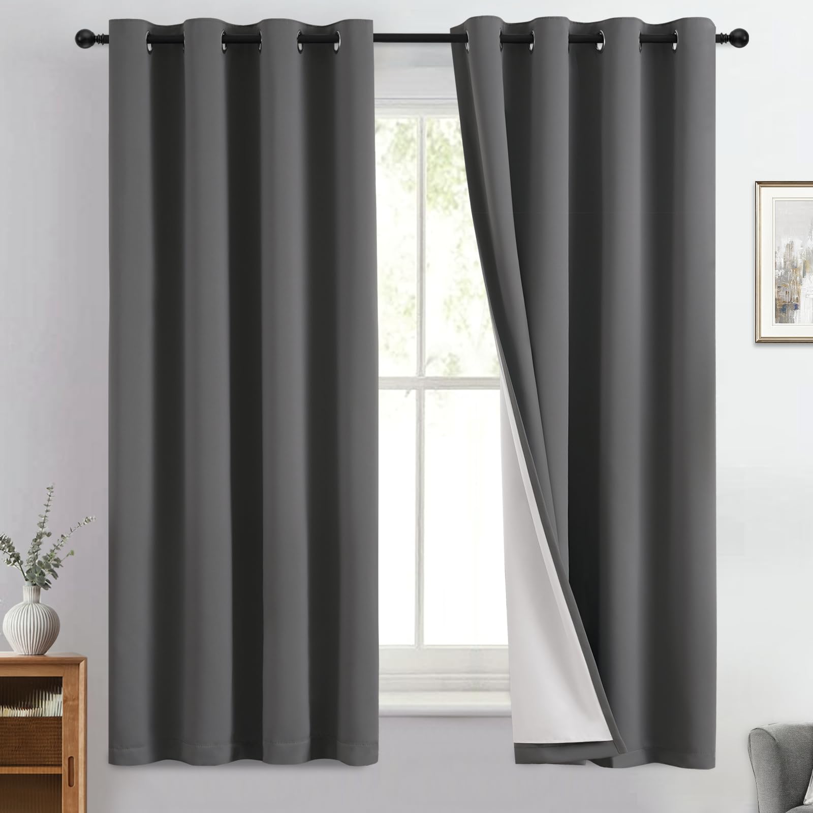 Yakamok 100% Blackout Curtain Panels 63 inches Cold and Light Blocking Drapes for Nursery, 2 Thick Layers Thermal Insulated Draperies (2 Pieces, 50 Wide Each Panel, Charcoal Grey/White Backing) — image 1