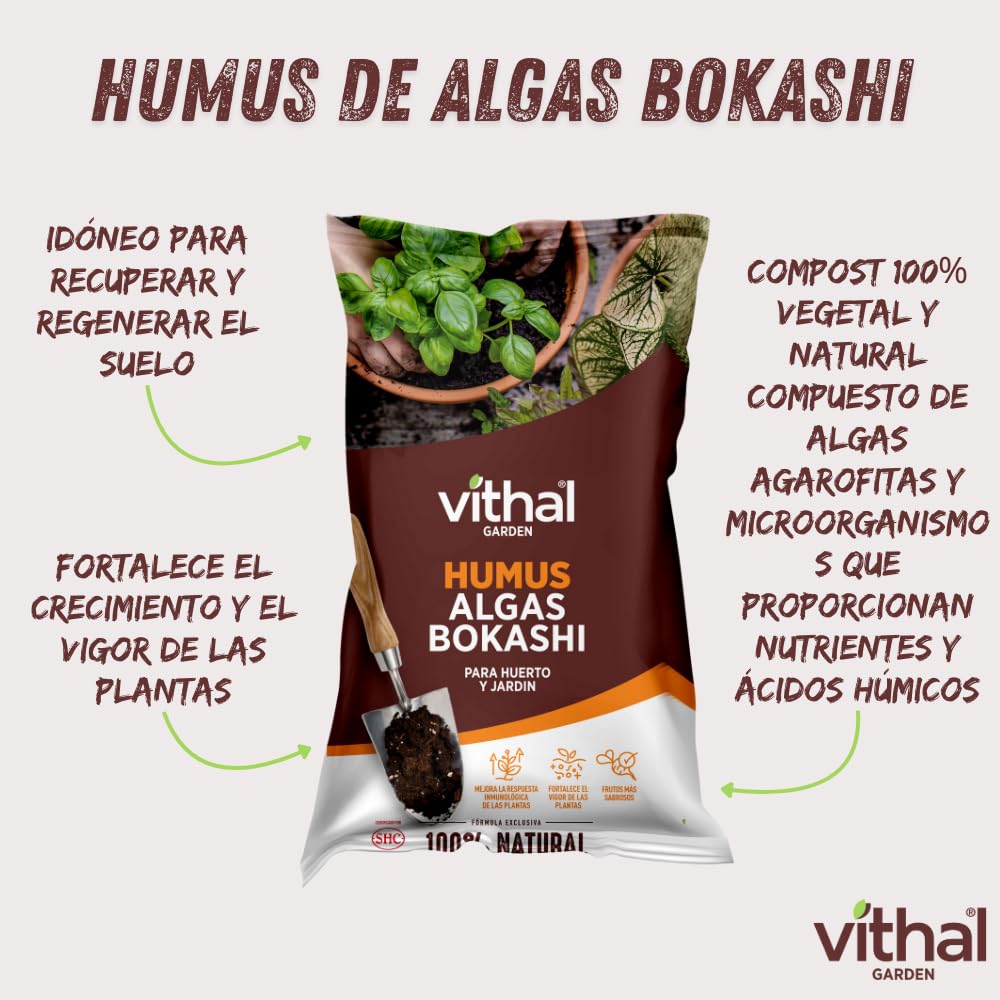 VITHAL Humus De Algas Bokashi 20 L - Compost 100% Vegetal Para Mejorar El Crecimiento Vegetativo, Prolonga La Floración Y Formación De Frutos, Apto Para Agricultura Ecológica