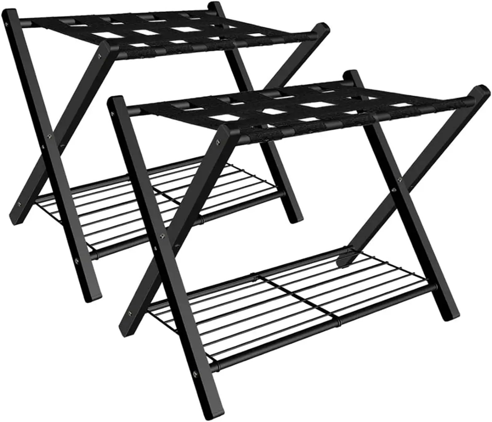Porte-bagages pliable noir lot de 2 avec étagère de rangement basse