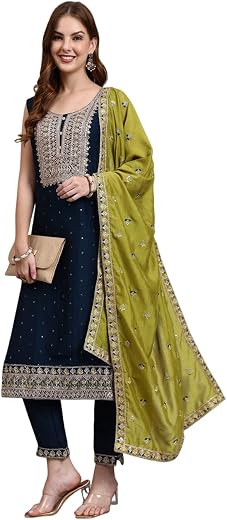 GALGOTO Women's Embroidered Salwar Suit Set with Olive Green Kurta, Navy Blue Dupatta, Traditional Indian Ethnic Wear, Seq...