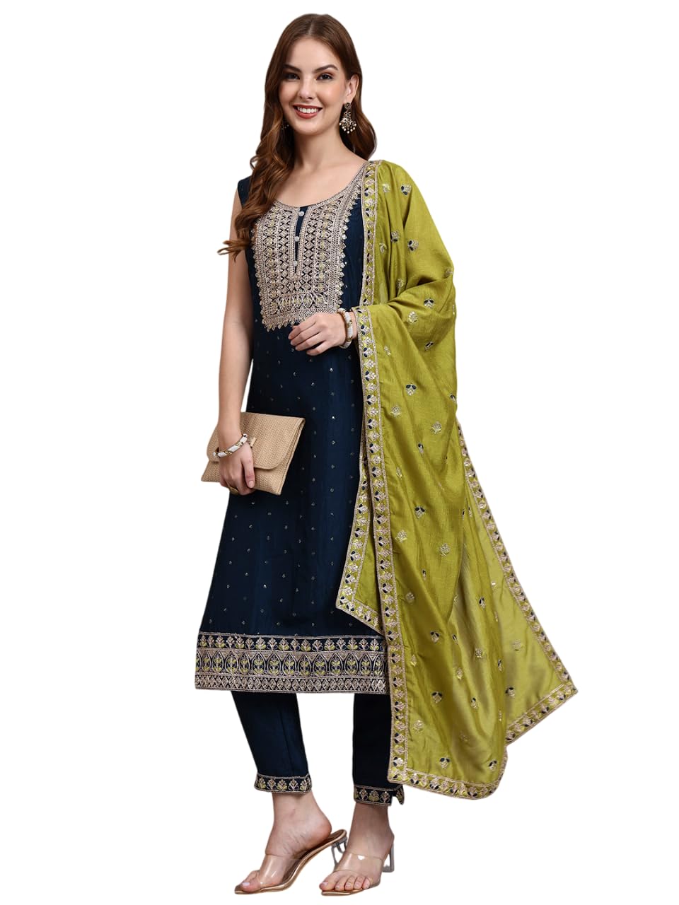 GALGOTO Women's Embroidered Salwar Suit Set with Olive Green Kurta, Navy Blue Dupatta, Traditional Indian Ethnic Wear, Seq... - Review, Price and Buying Guide