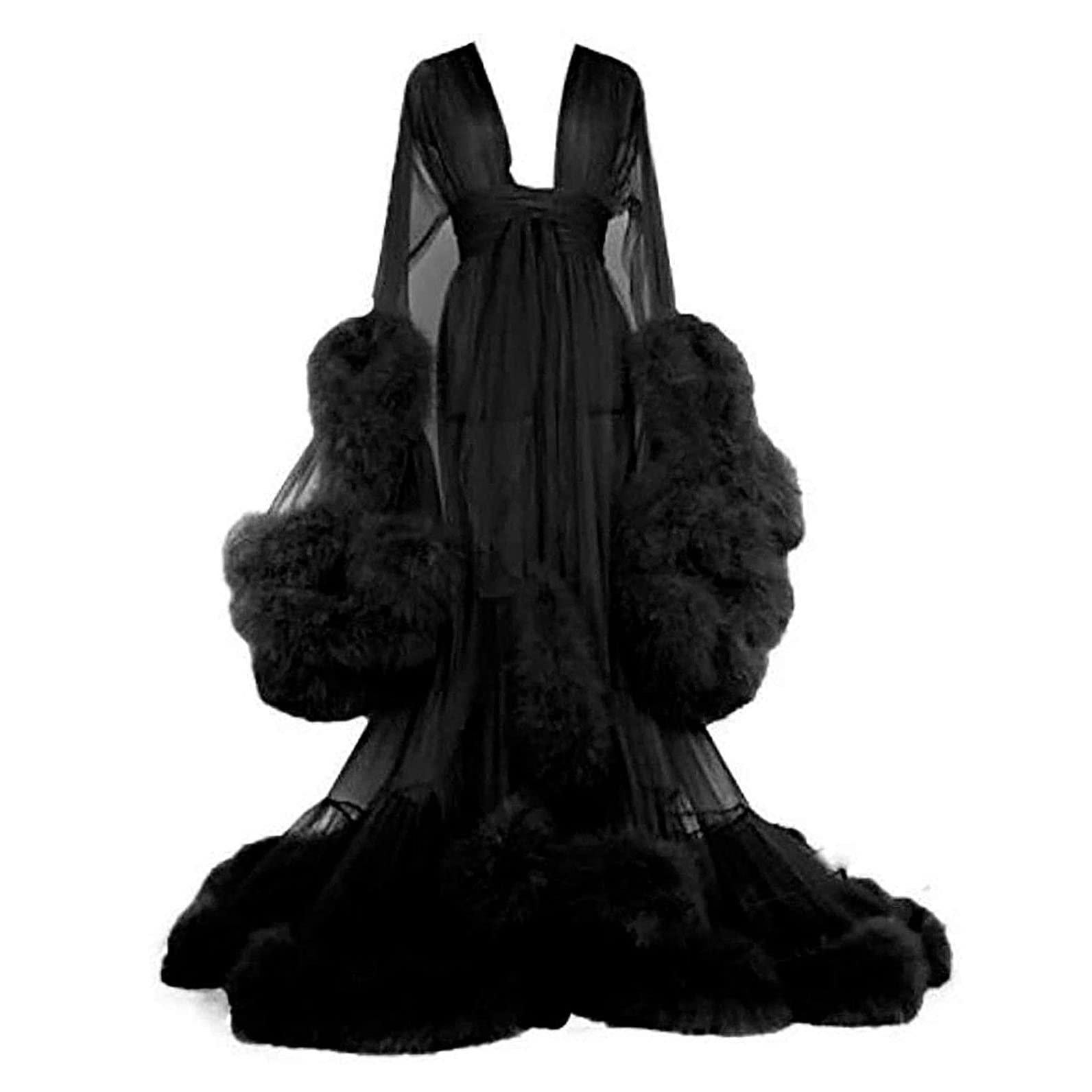 Miaoxiao Women's 1 See-Through Sexy Feather Flared Sleeve Robe, Tulle Illusion Boudoir Bridal Robe, M