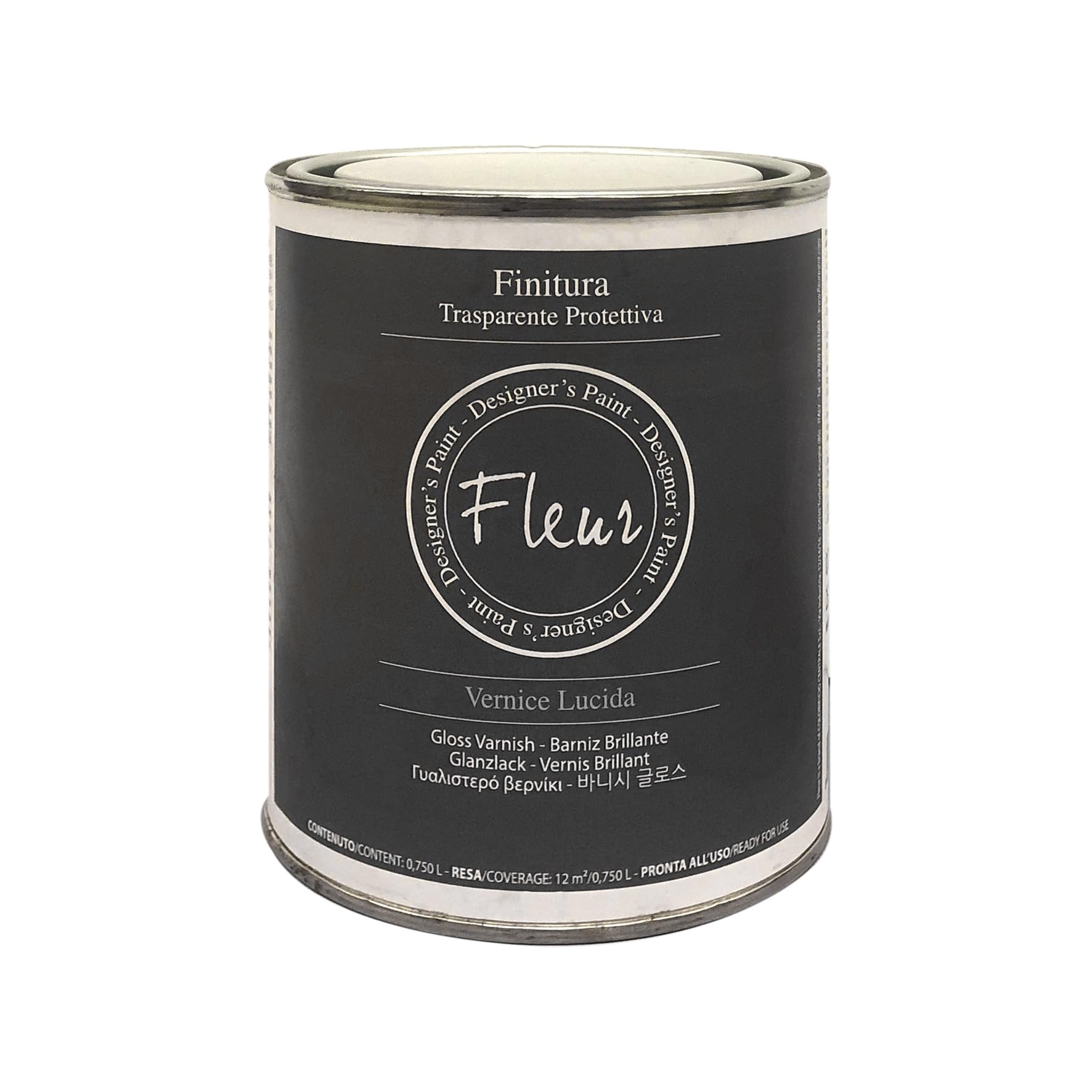 FLEUR DESIGNER'S PAINT | Vernice Protettiva, 0,​750 litri, Trasparente Lucida, Base Acqua, Monocomponente. Alta Resistenza, Non Ingiallisce ed Essiccazione Rapida, Made in Italy.