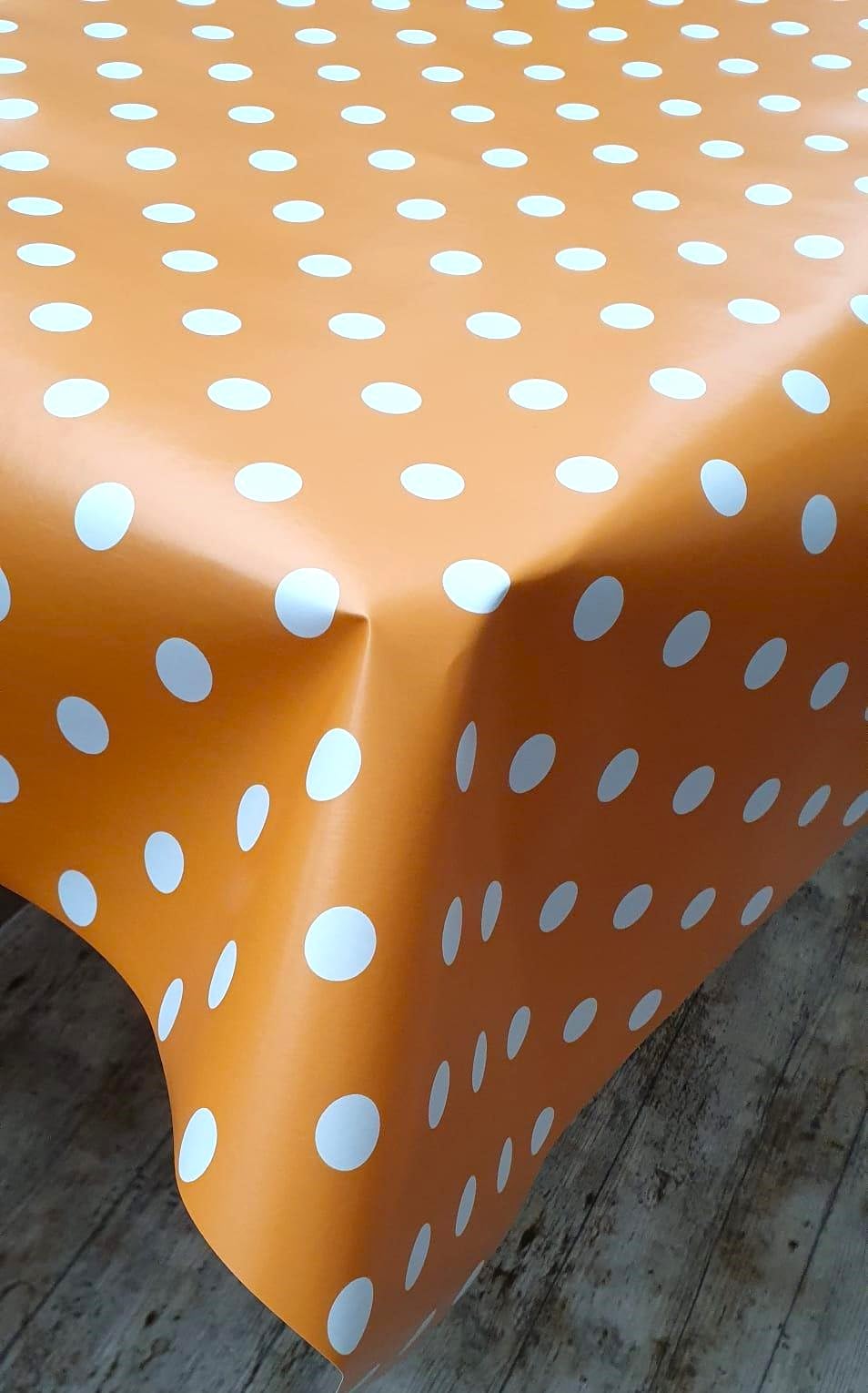 Designers247 Plain Orange White Polka Dots PVC Plastic Table Cloth Dotty Spots Polkadots Oil Vinyl Party Dining Table Cloth Cover Protector (180cm x 140cm Rectangle 72" x 54" inches)