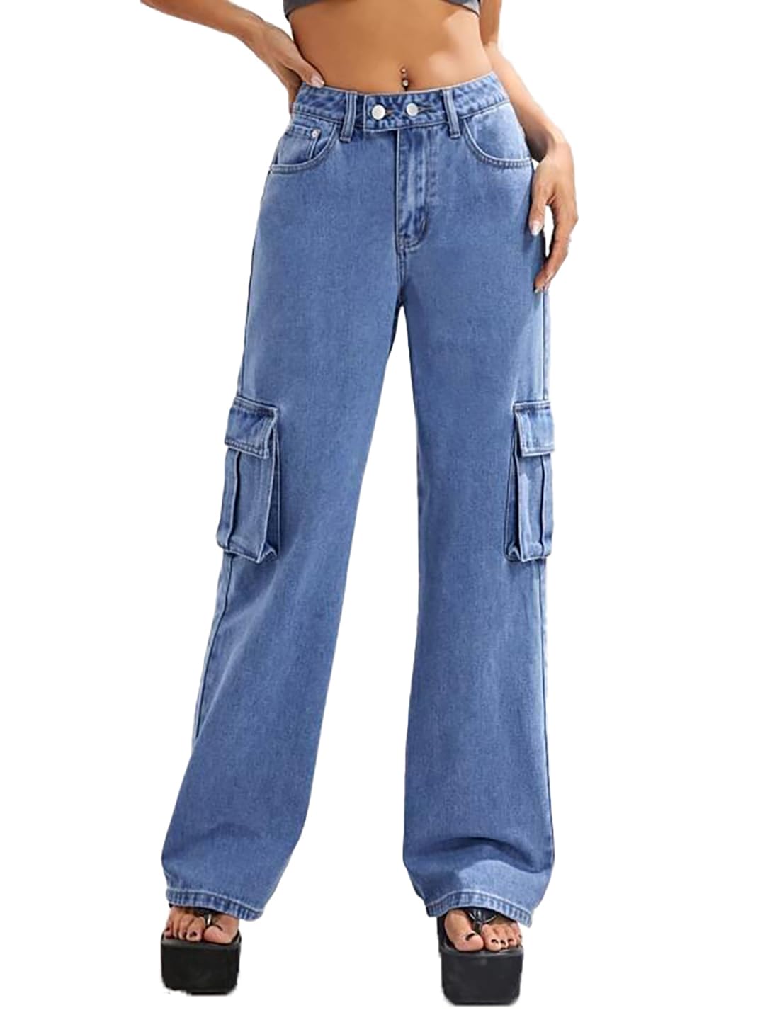 kotty Women's Solid High Rise Relaxed Fit Cargo Jeans-picture-34