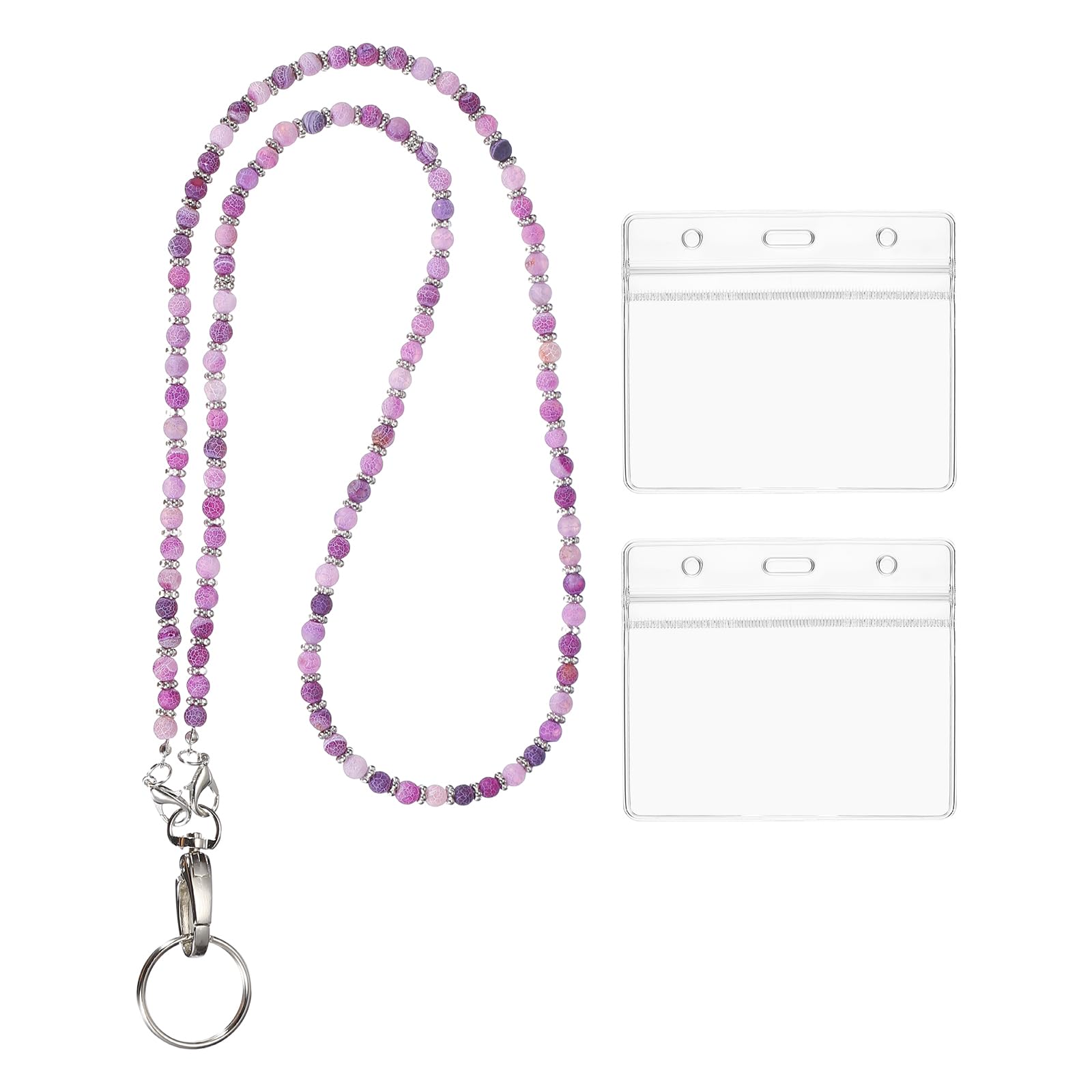 PATIKIL Beaded Lanyards for ID Badges, Cute Gemstone Beaded Keychain Necklace Lanyard with 2 Horizontal Badge Holders for Women Teacher Gift Keys Chain Cards, Purple