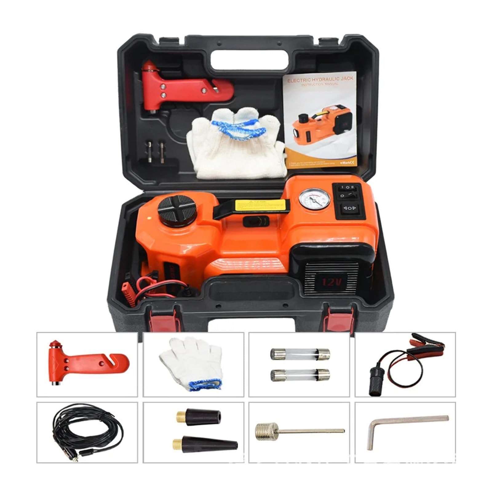 Podnośnik hydrauliczny, 12V 5Ton Elektryczny Samochodowy Hydrauliczny Podnośnik Z Pompką Do Pompowania Opon I Latarką LED 3 W 1 Podnośniki Bezpiecznymi Narzędziami Młotkowymi Samochodu(155-450mm)