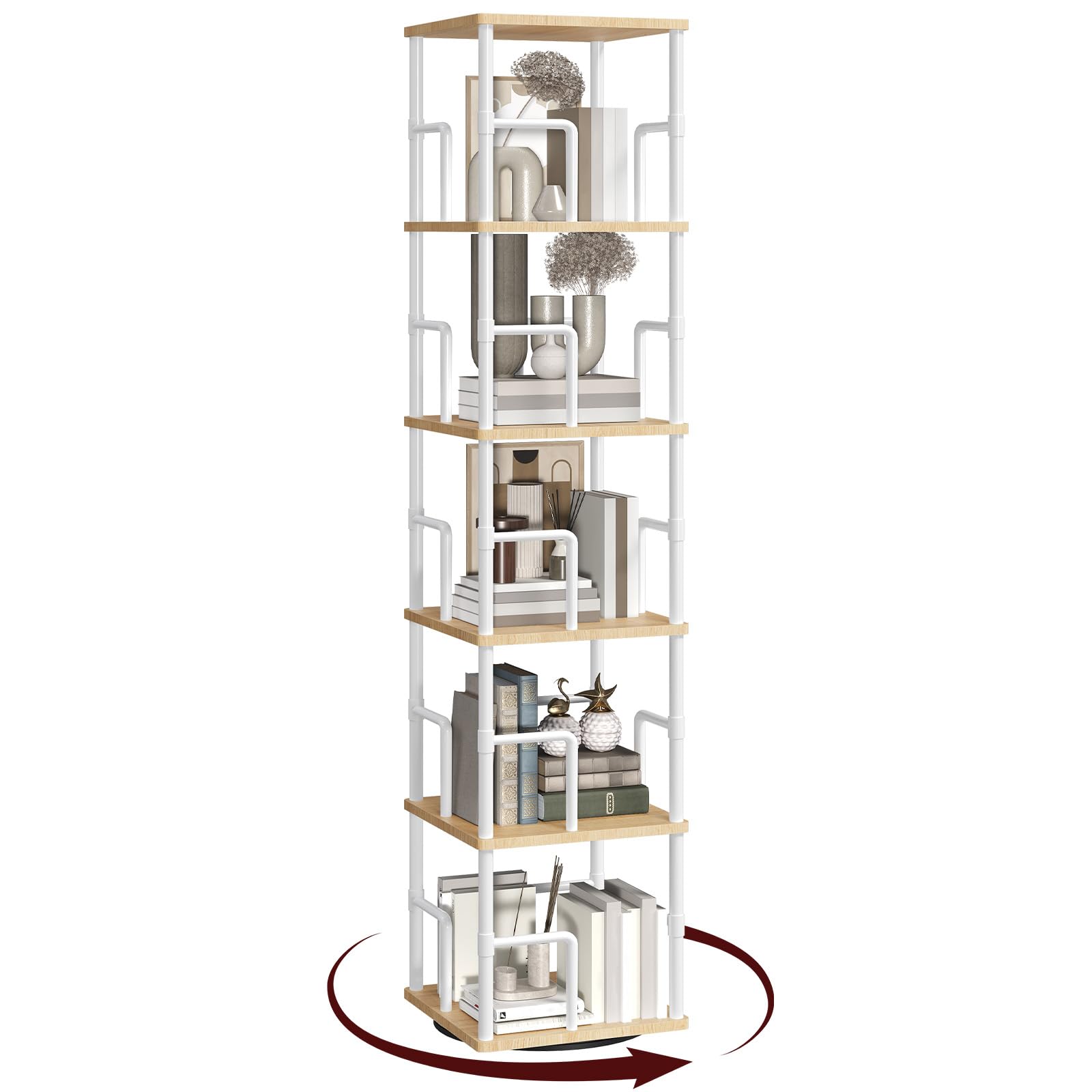 MAHANCRIS Libreria Girevole a 5 Livelli, Scaffale Angolare Indipendente, 360°, Stile Industriale, con Protezioni, per Soggiorno, Camera da Letto, Studio, Ufficio, Bianco ABKBN1601