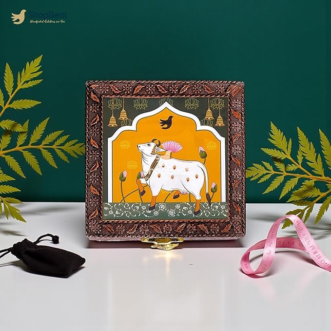 Image of Handcrafted Wooden Jewellery Box Copper Metal Finish (4 x 4 inch) - Pack of 10 | Oxidized Pichwai Cow Design | Decorative Organizer | Storage Box for Women Puja Festive Gifting | Royal Teal