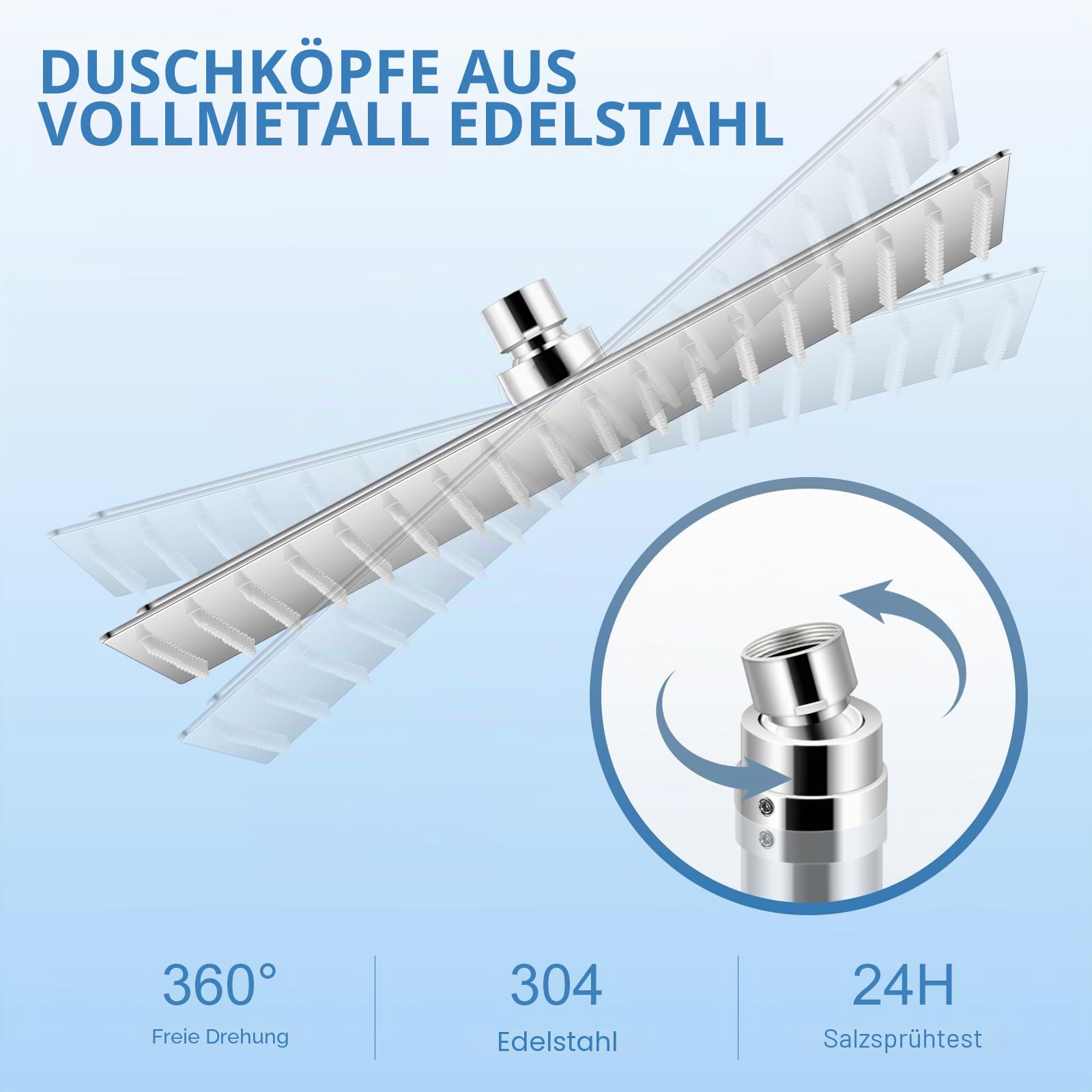 40CM Duschkopf Regendusche Groß Poliertes Chrom, 304 Edelstahl Wasserfall Duschkopf Wassersparend, Mit 324 Anti Kalk Düsen, 360° Verstellbarer 16 Zoll Regenduschkopf Eckig
