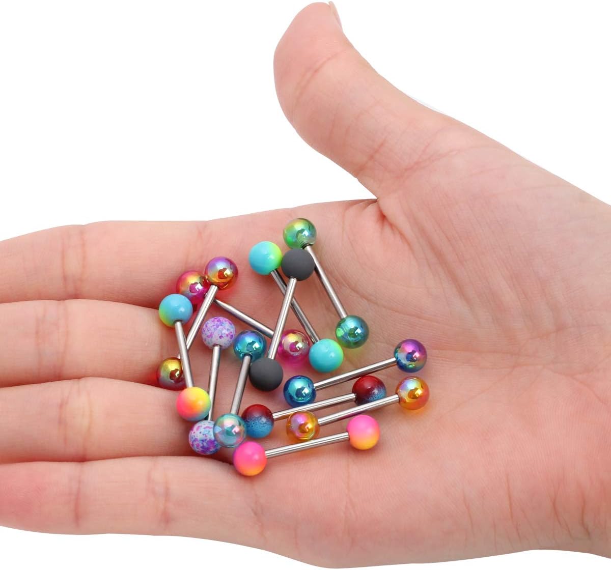 CrazyPiercing 12pcs Colorful Ball Tongue Rings, Stainless Steel Barbell Tongue Ring Retainer or Nipple Ring 14G Bar Length 16mm - Image 5