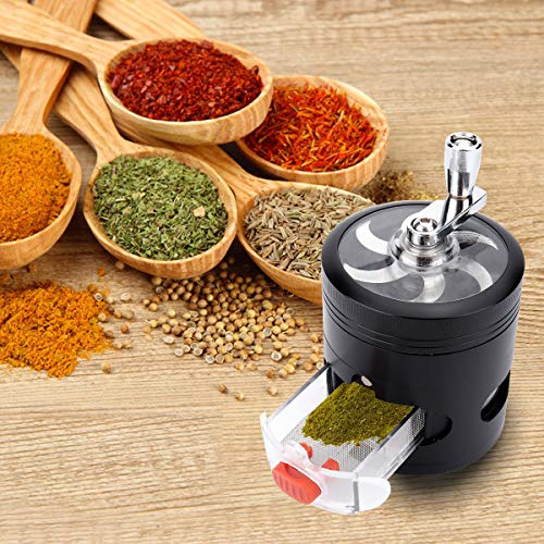 Herb Grinder, Yokilly 4-Piece Black Spice Grinder with Pollen Catcher, Zinc Alloy Manual Grinder with Handle, Clear Top Grinder with Drawer, 2.5 Inches Grinder Hand Cranked