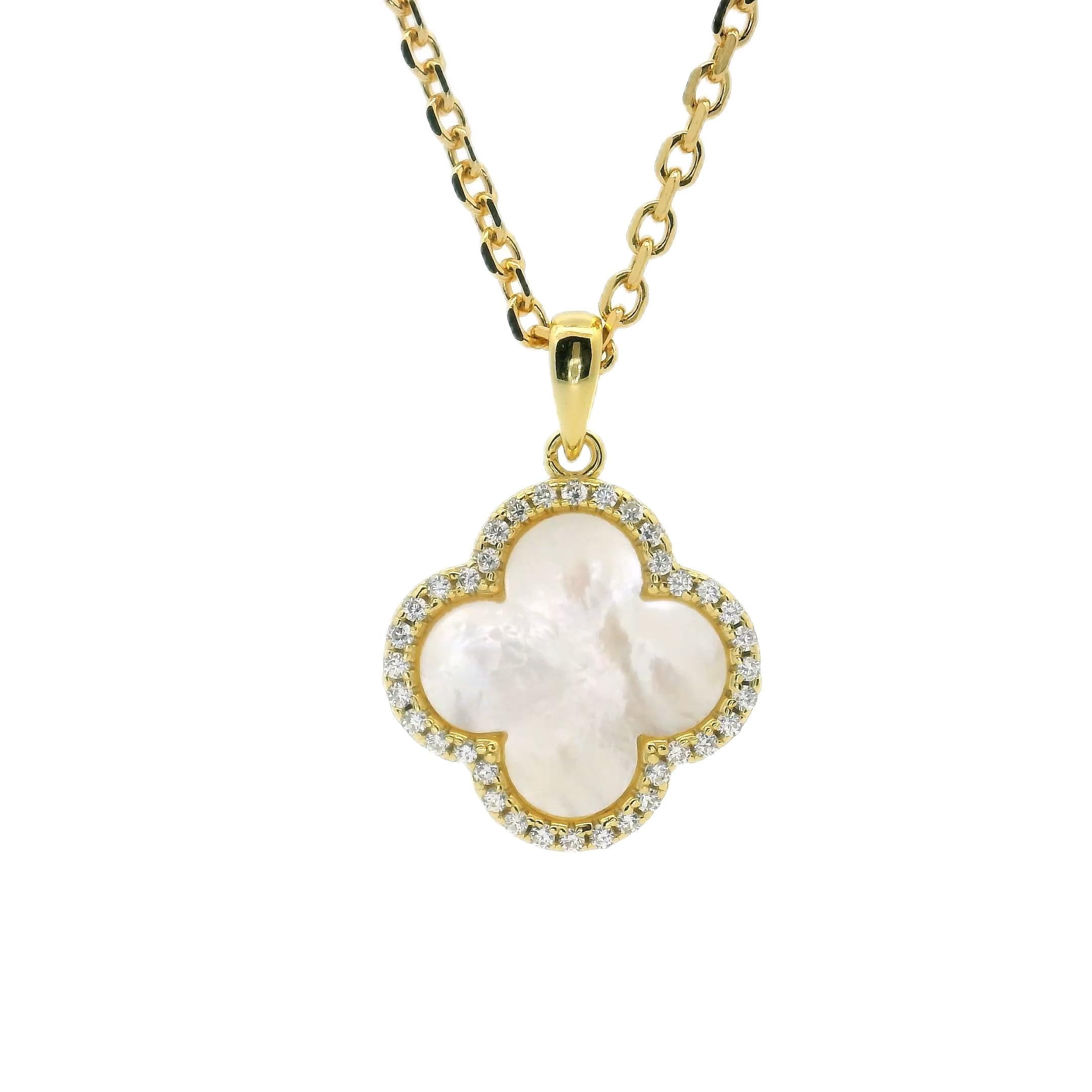 Lucoro - Kleeblatt Halskette Damen 925 Silber 18K vergoldet – Zirkonia & Perlmutt Anhänger, verstellbar 42–45 cm – Schmuck für Frauen & Mädchen, elegantes Geschenk mit Schmuckbox