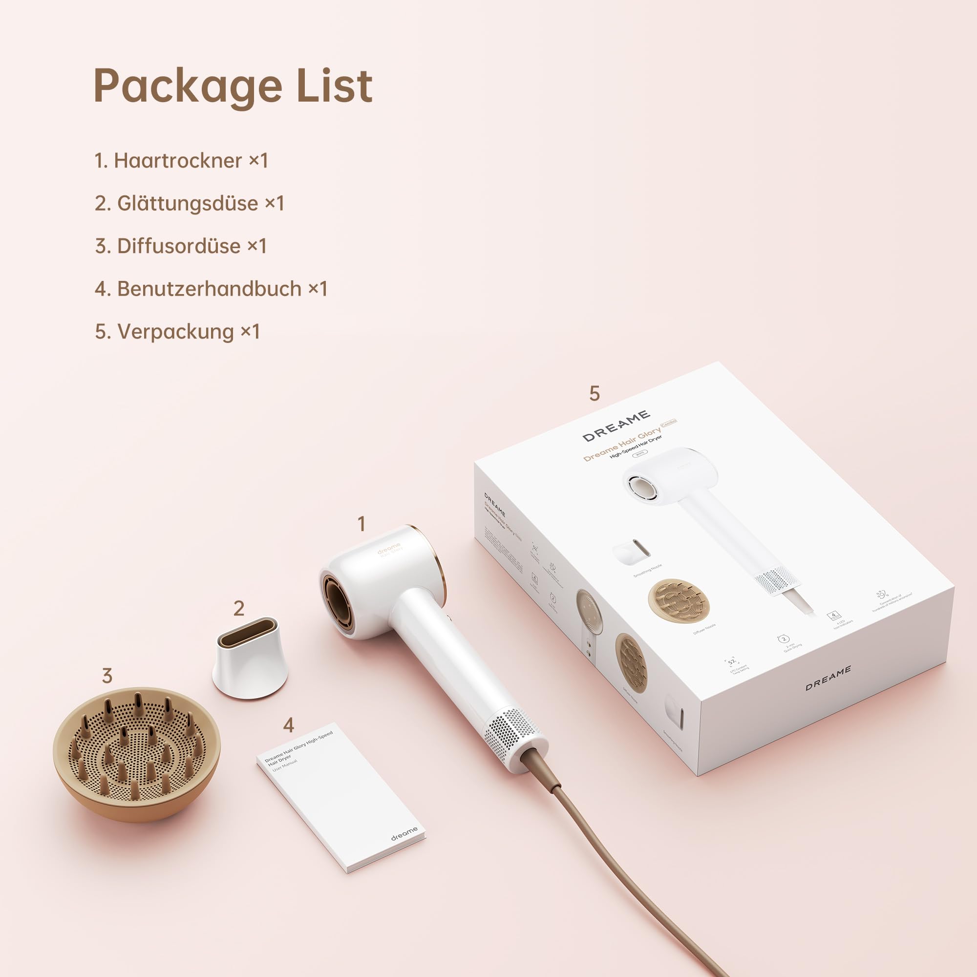 DREAME Hair Glory Combo Haartrockner,Trocknet schnell,110.000 Umdrehungen pro Minute,Luftstrom70m/s,Negativ-Ionen-Technologie,Temperatur-und Luftgeschwindigkeitsregelung,Düse Diffusor,Geräuscharm,Weiß