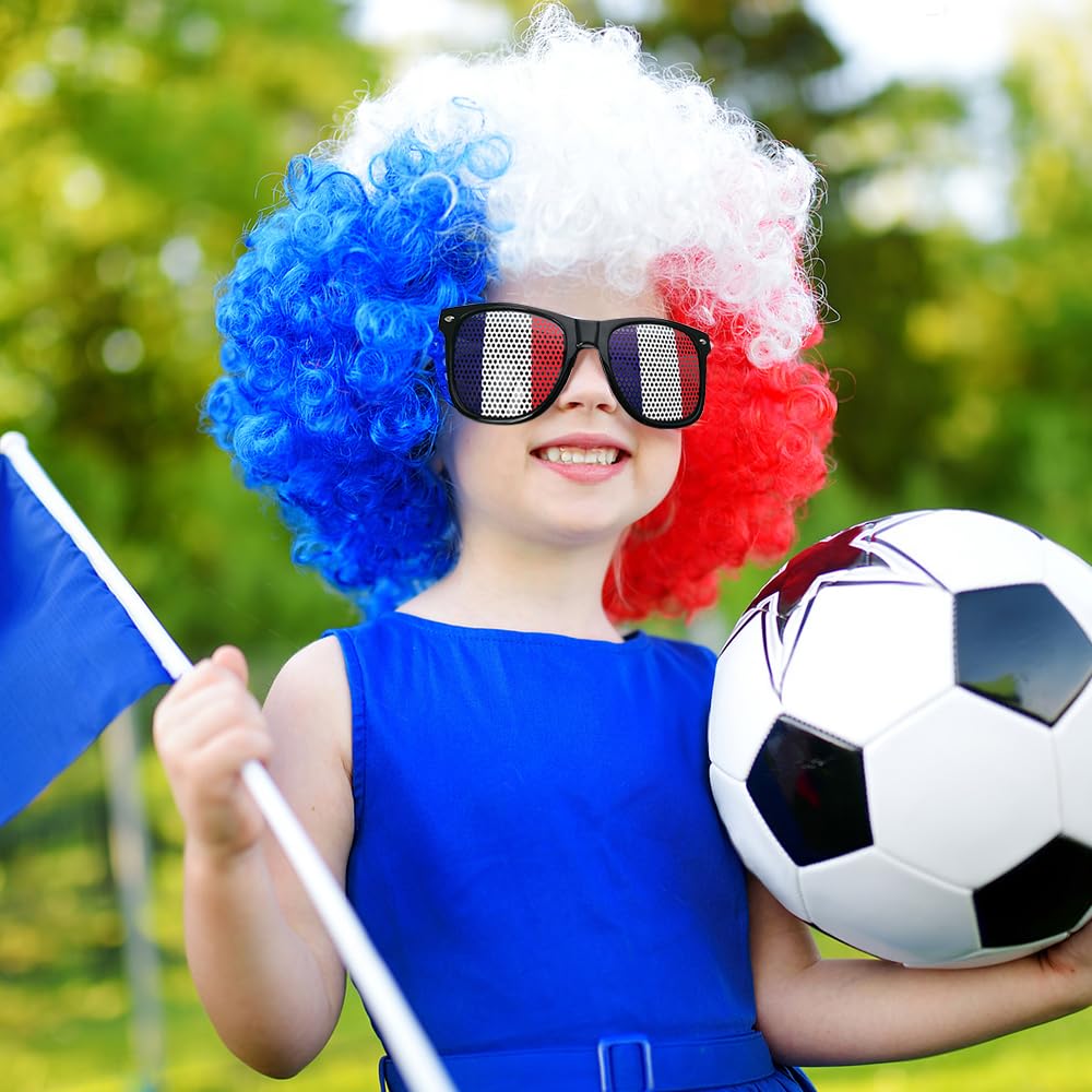 12 Pièces Kit Supporter Equipe de France, 1 Bandeau Perruque + 4 Couronne + 2 Autocollants Visages + 1 Lunettes + 1 Broche + 2 Tenant Un Petit Drapeau + 1 Sifflet