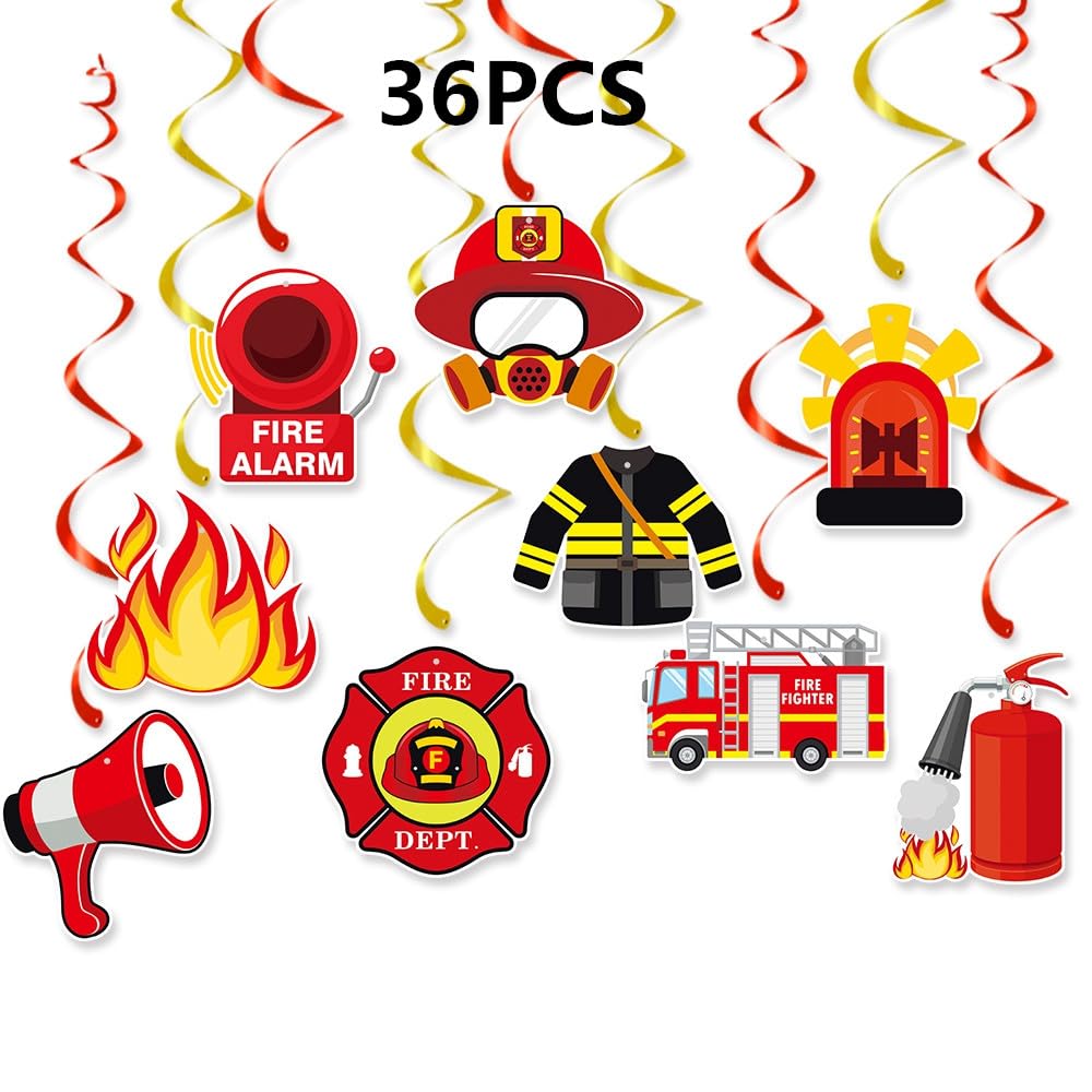 36PCS Fire Truck Party Decorations Hanging Swirls , Firetruck Birthday Decorations, Firefighter Party Favors, Fireman Theme Birthday Baby Shower