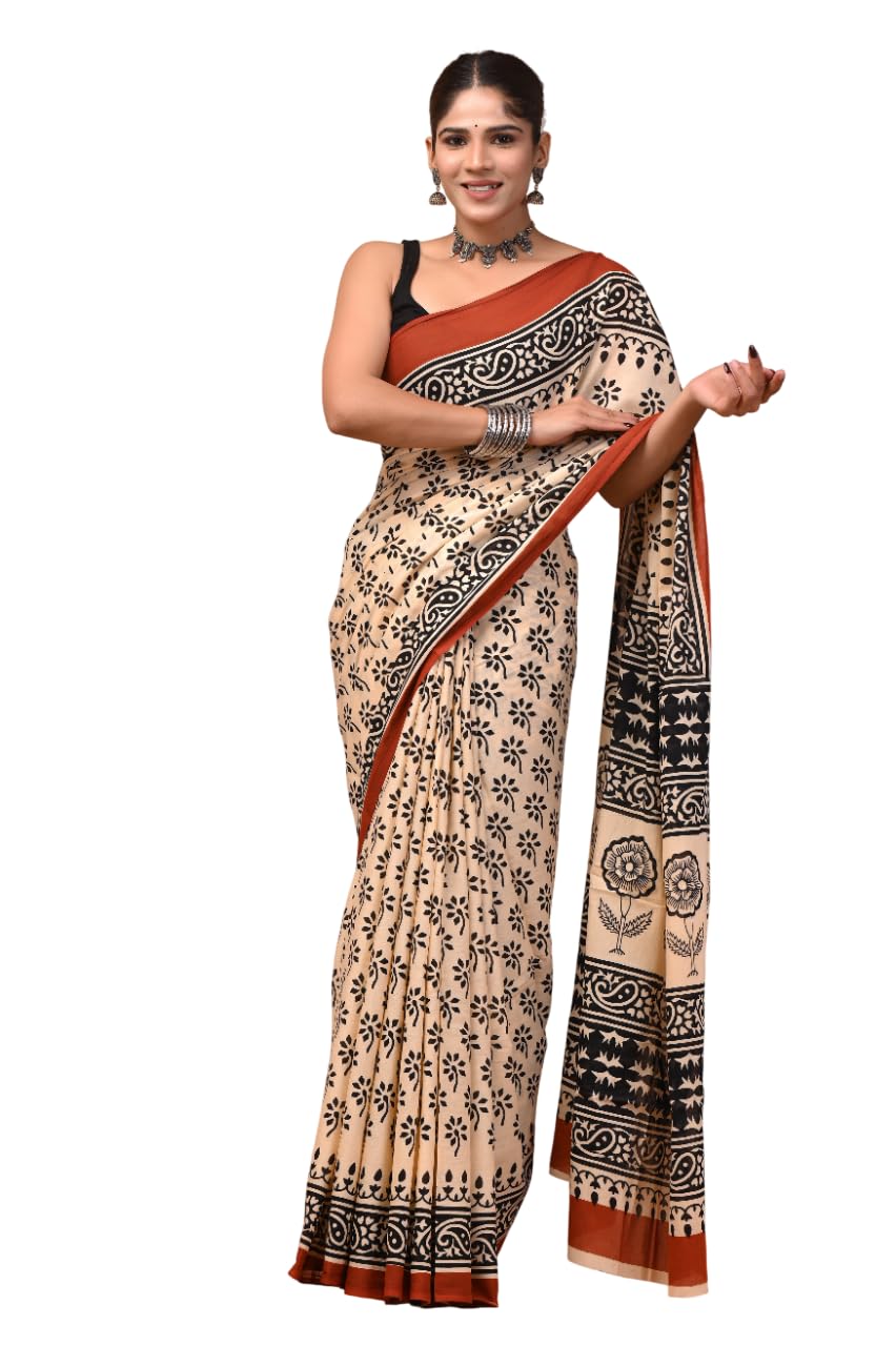 Decor Delightss Women's Cream Mulmul Cotton Hand Block Printed Saree with Black Floral Motifs, Rust Border & Traditional Designer Pallu with Blouse Piece-image-38