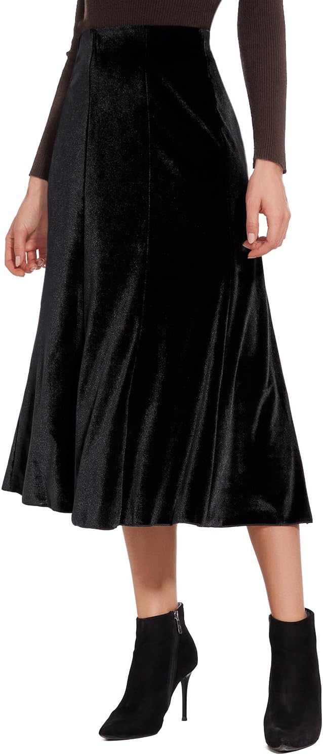 Women’s Elegant Vintage Velvet Midi Skirt Flowy 8-Panel Design - Image 2