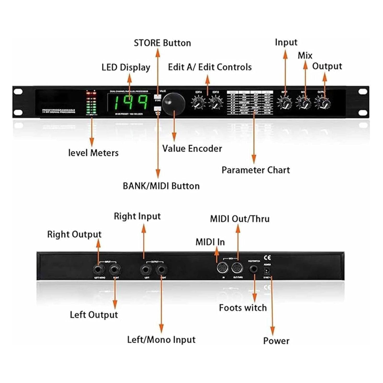 Processore DSP multieffetto con Riverbero Digitale, Equalizzatore Audio, 99 programmi preimpostati, Elaborazione del Segnale a 24 Bit preimpostata/programmabile