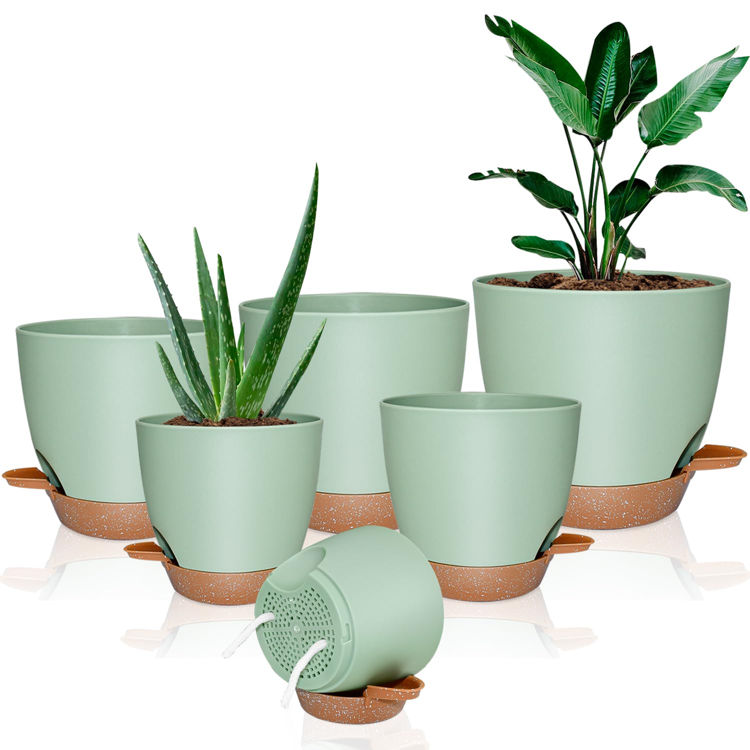 Enenes 5 Pcs Plant Pots Indoor, Self Watering Plant Pots, 18/16.5/15.2/14/13cm Flower Pots Indoor with Drainage Holes, Plant Pot for All House Plants