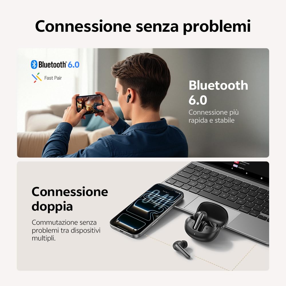 QCY MeloBuds N60 Cuffie bluetooth cancellazione rumore Attiva, Auricolari bluetooth 6.0 con Hi-Res Audio LDAC, Suono 3X più Puro, 45 ore, Comfort In-ear, Chiamate Chiare con 6 Mics, Ricarica Rapida