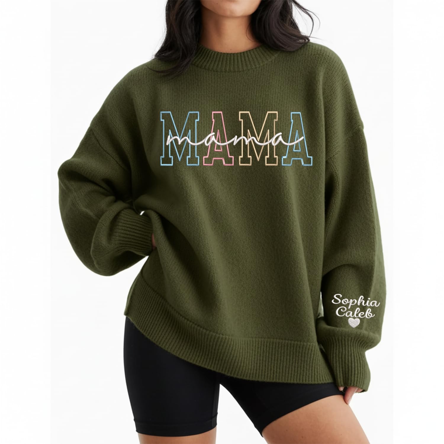 Personalized Embroidered Mama Sweater With Kid Names On Sleeve Mom V Neck Crewneck Sweater Turtleneck For Women Gifts
