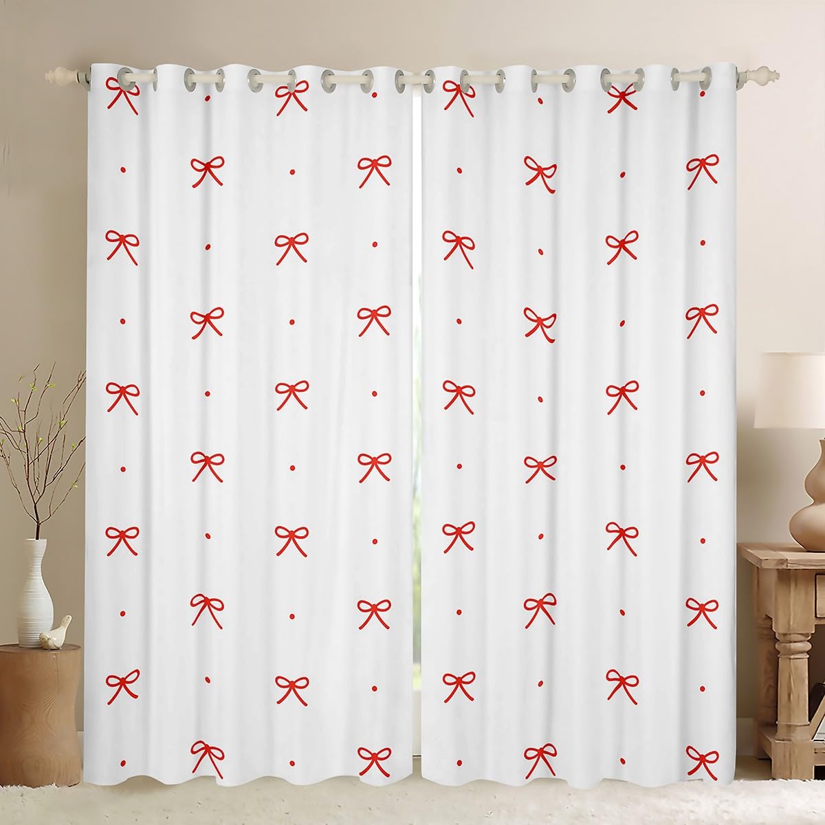 Homemissing Cute Boeknot Curtain (2 Panels, W46*L72) Polka Dot Kawaii Blackout Shades Red White Room Darkening Curtain Microfiber