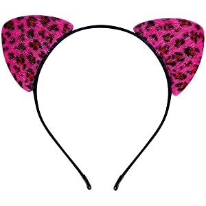 ASHONE Cat Ears Headband for Women Cheetah Ears Headband Costume Hair Accessories for Halloween Party Cosplay Rose Pink