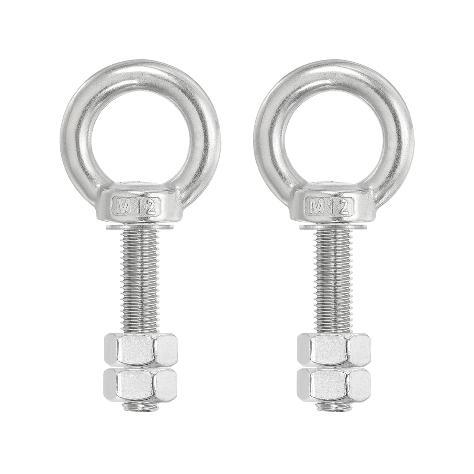 PATIKIL Lifting Shoulder Eye Bolts, 2 Pack M12x50 Screw Bolt 304 Stainless Steel Eye Bolts Threaded Screw Eyebolt Shoulder Ring with Double Nuts Fixed for Lifting Hanging