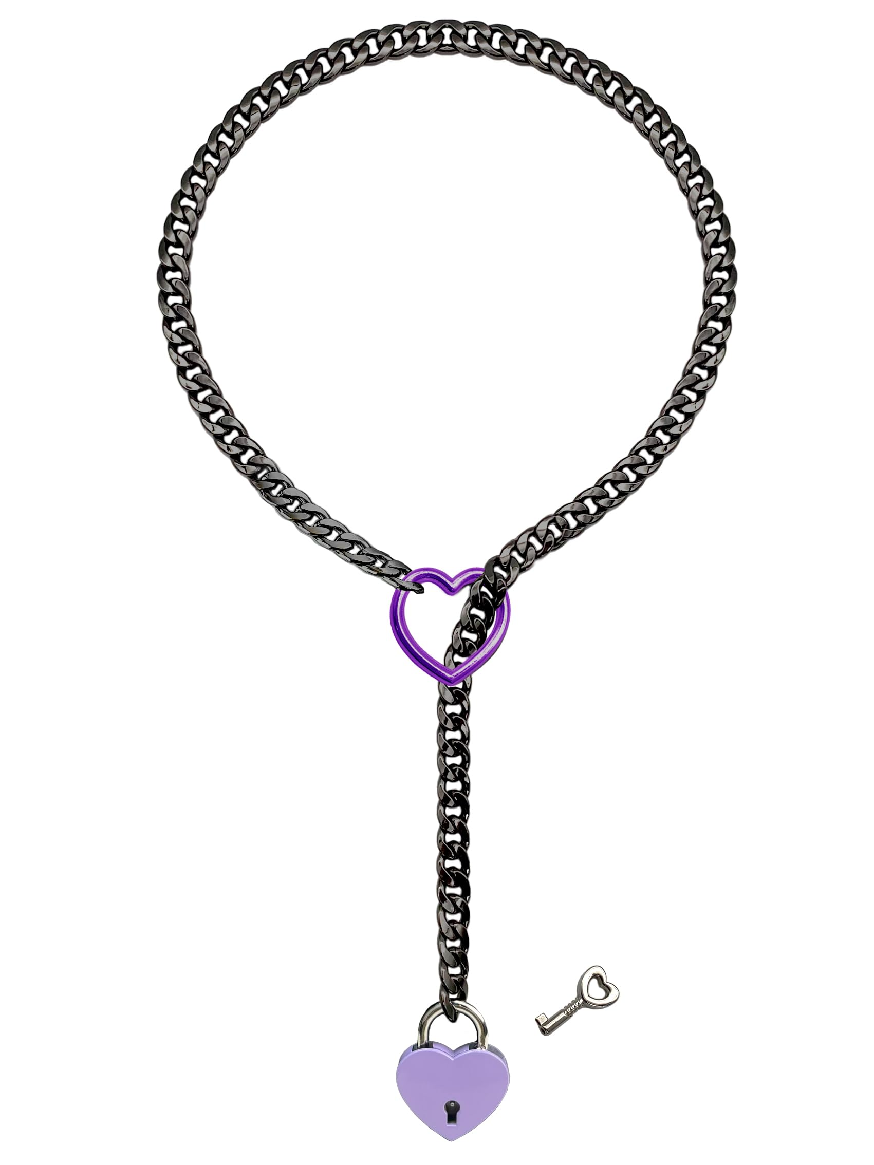 paloli Womens Slip Chain Necklace Heart O-Ring, Punk Rock Cuban Long Necklace Jewelry For Women, Adjustable Lariat Y-Necklace Heart Locker With Key