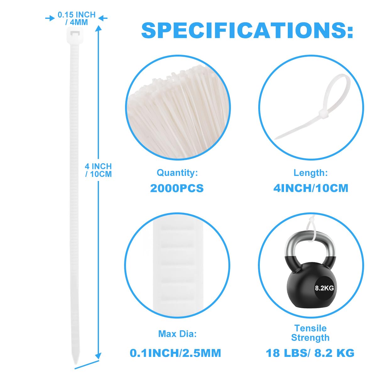 White Zip Ties 4 inch, Small Zip Ties Clear Self-Locking with 18 lb Tensile Strength Plastic Wire ties Wraps 4