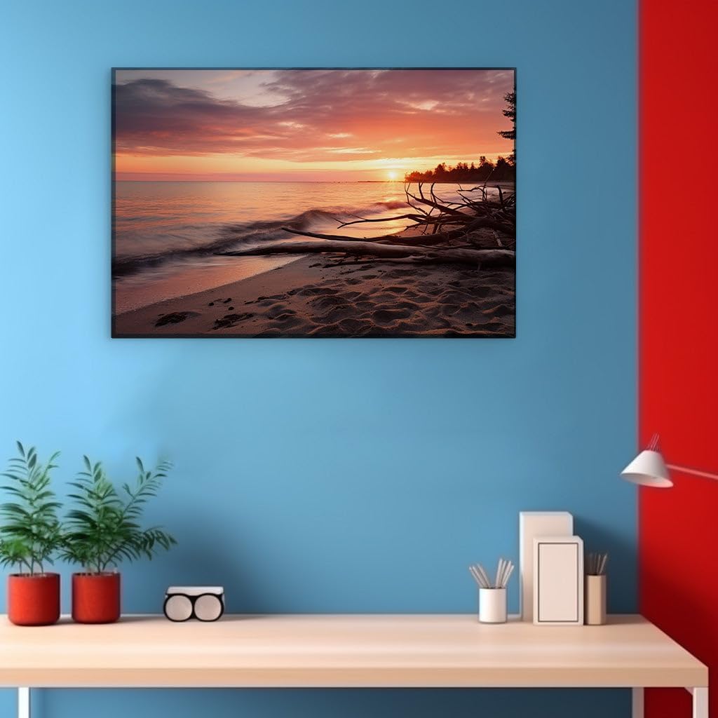Canvas for Living room. Sunset Serenity on a Sandy Beach - The Artistry of Fallen Branches and Fiery Skies, 27 x 18 inch Canvas Wall Art - Contemporary Masterpieces - Modern Home Decor
