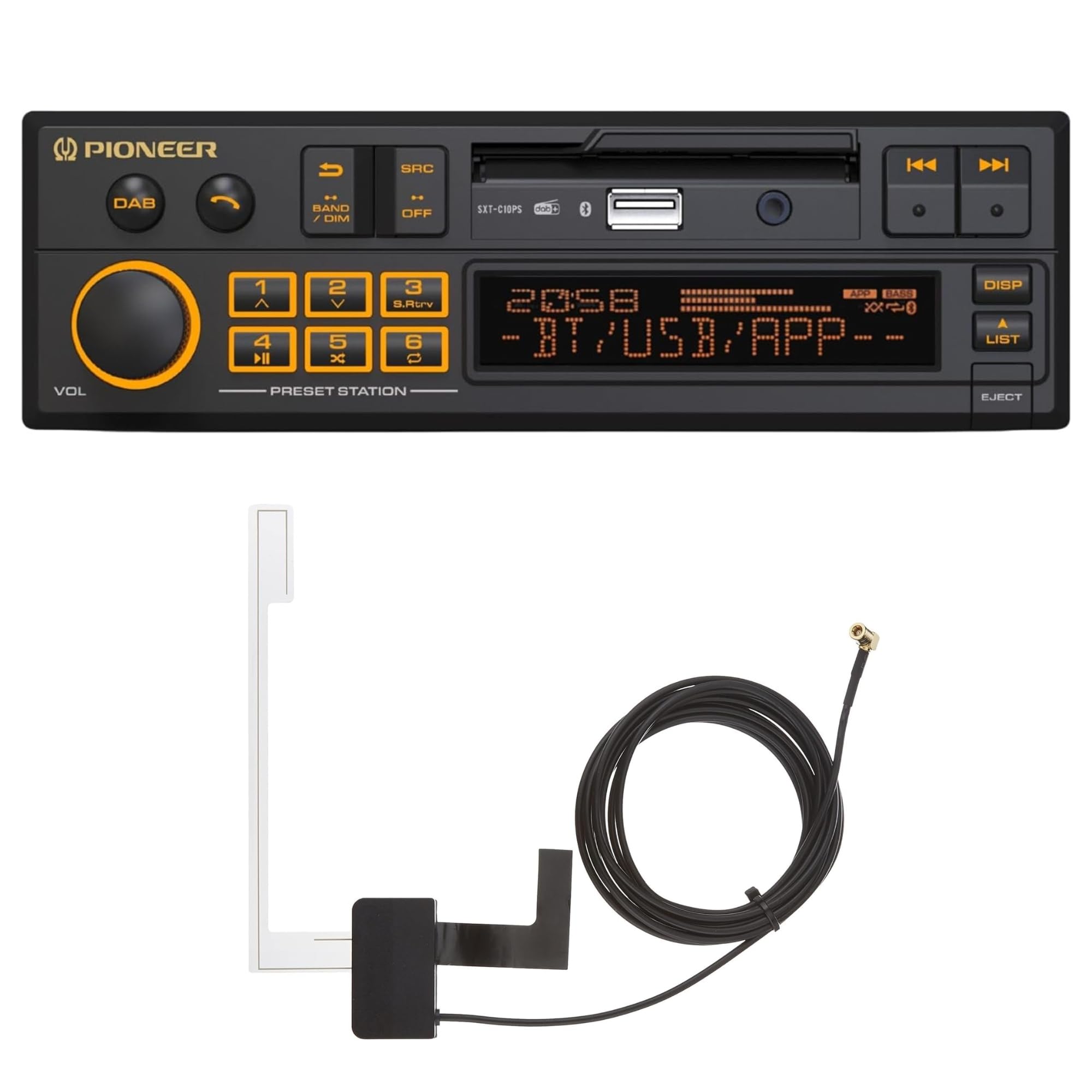 Pioneer SXT-C10PS-AN radio samochodowe 1-DIN: styl retro z nowoczesną technologią, Bluetooth®, DAB+, USB, AUX, podświetlenie RGB, 13-pasmowy korektor, Zestaw z dołączoną anteną DAB