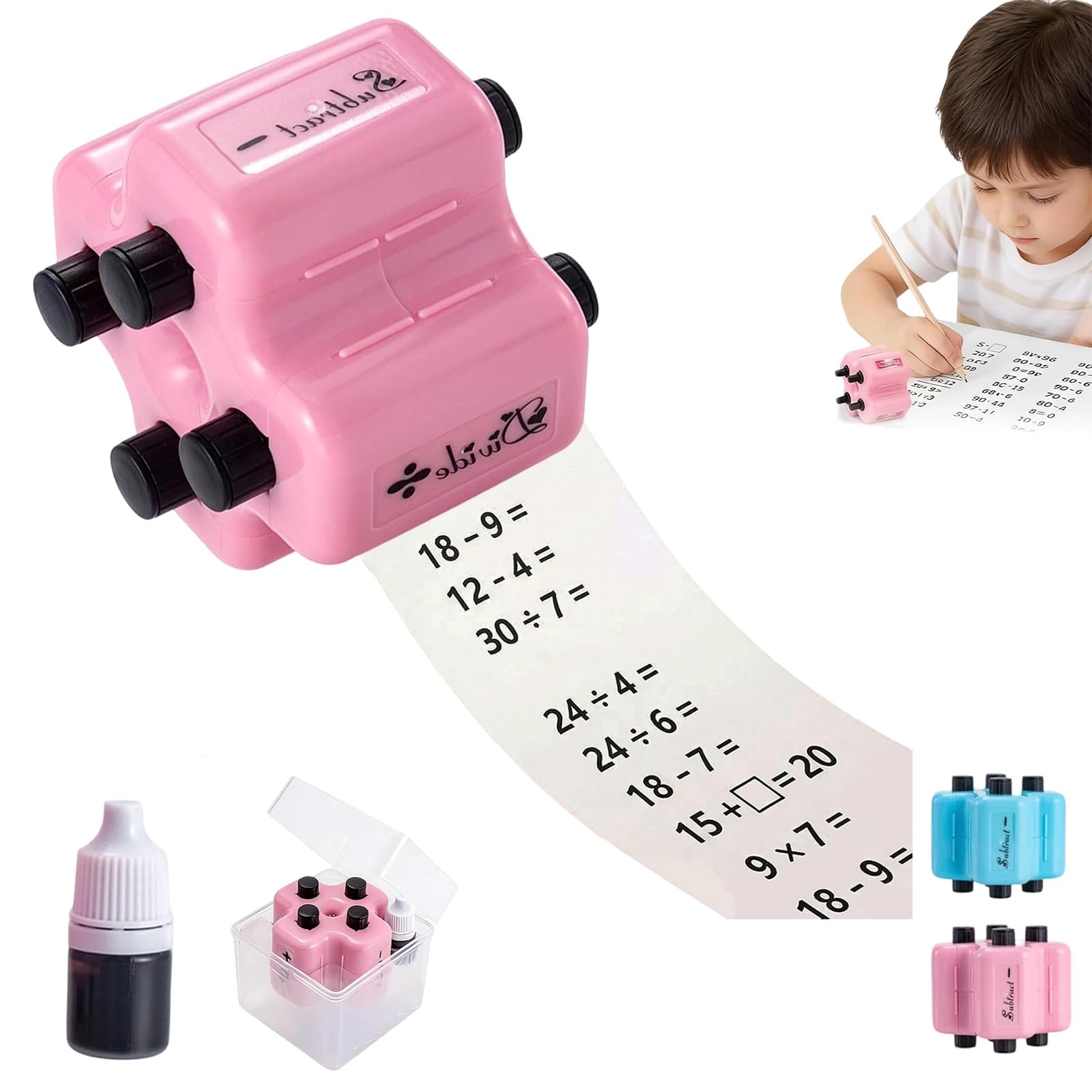4 in 1 Math Roller Stamp Set, Smart Math Stamp Roller, Reusable Addition Subtraction Multiplication Division Practice Tool, Brain Improvement Device for Kids (Pink)