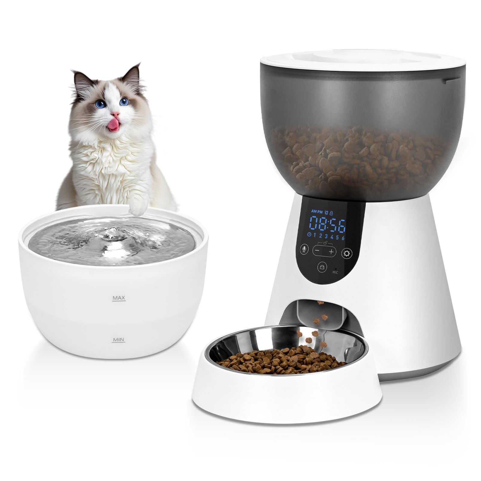 Podazz Automatic Cat Feeder and Water Dispenser, 4L Cat Food Dispenser with Timer for Dry Food, 1-6 Meal/Day, 1-10 Portions/Meal, 3L Water Fountain with Quiet Pump, Stainless Steel Food Bowl