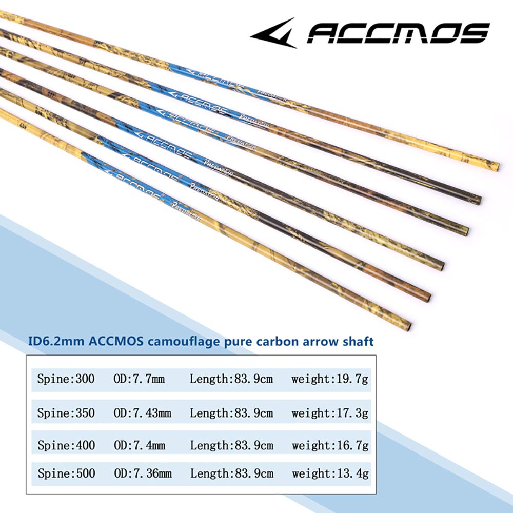 ACCMOS Carbon Pfeilschaft Spine 300 350 400 500 ID 6,2 mm Tarnung Jagd Pfeilschaft, für Pfeil und Bogen Schießen DIY Pfeilzubehör 12 Stück